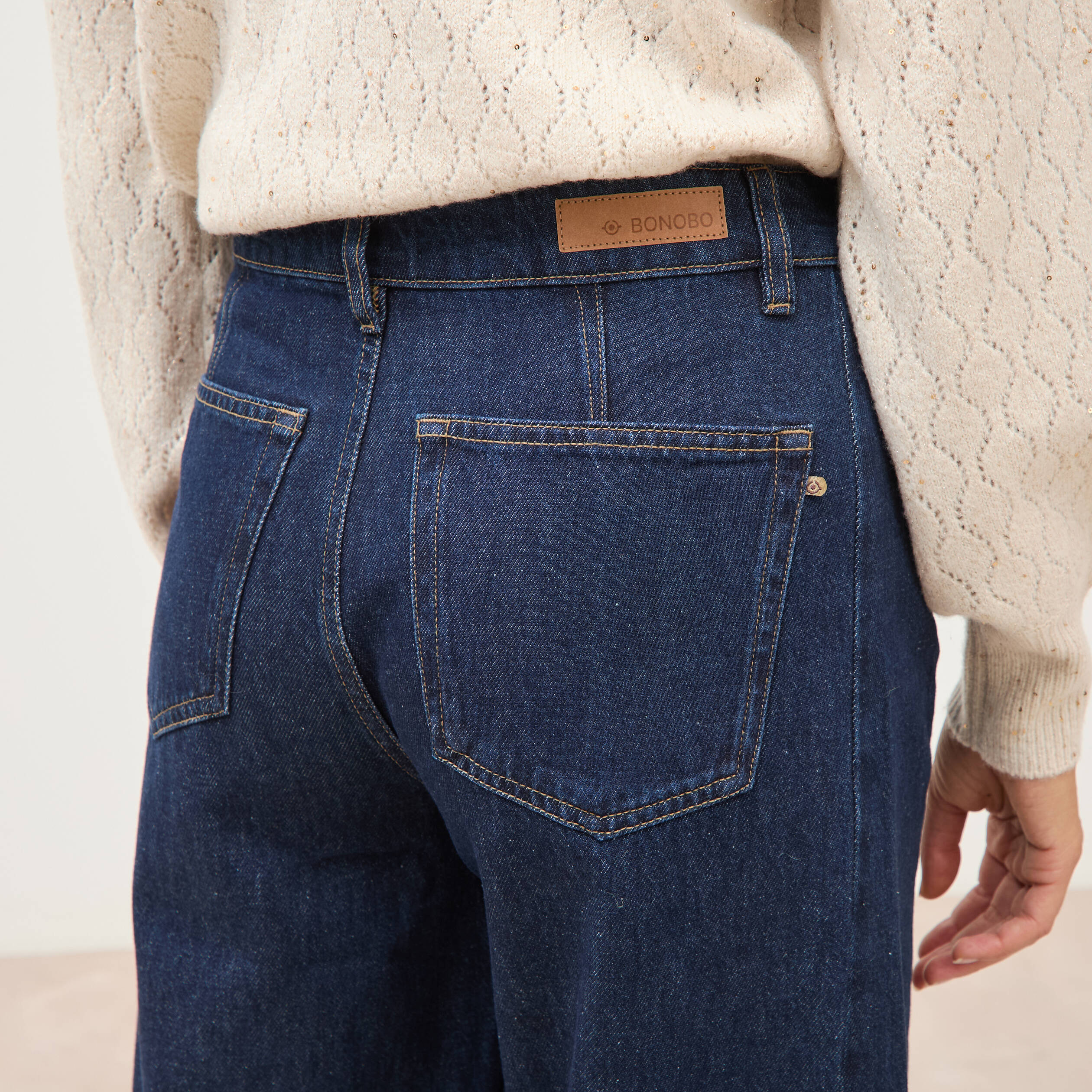 Jeans barrel taille haute broderie denim brut clean femme