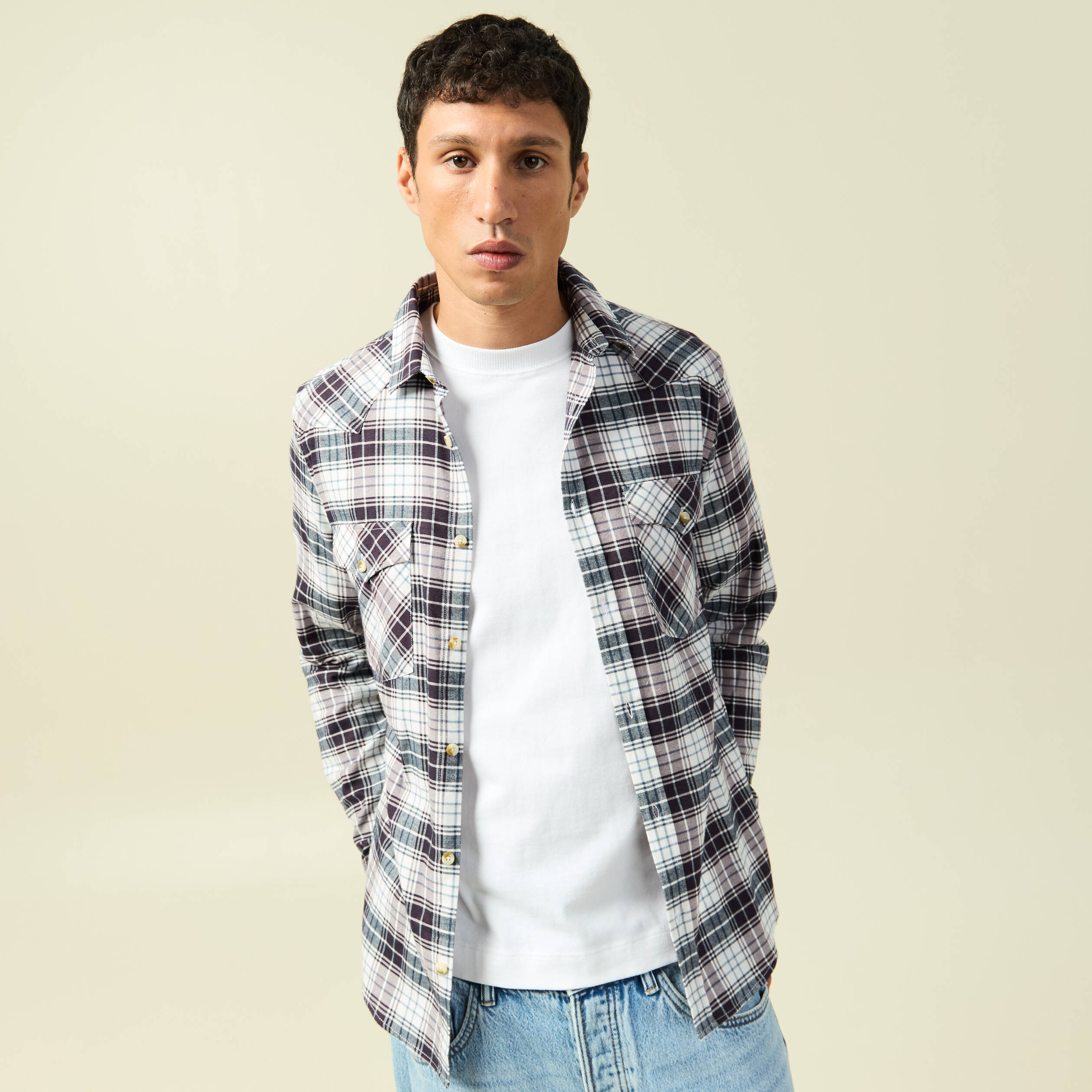 Chemise &agrave; carreaux manches longues ecru homme