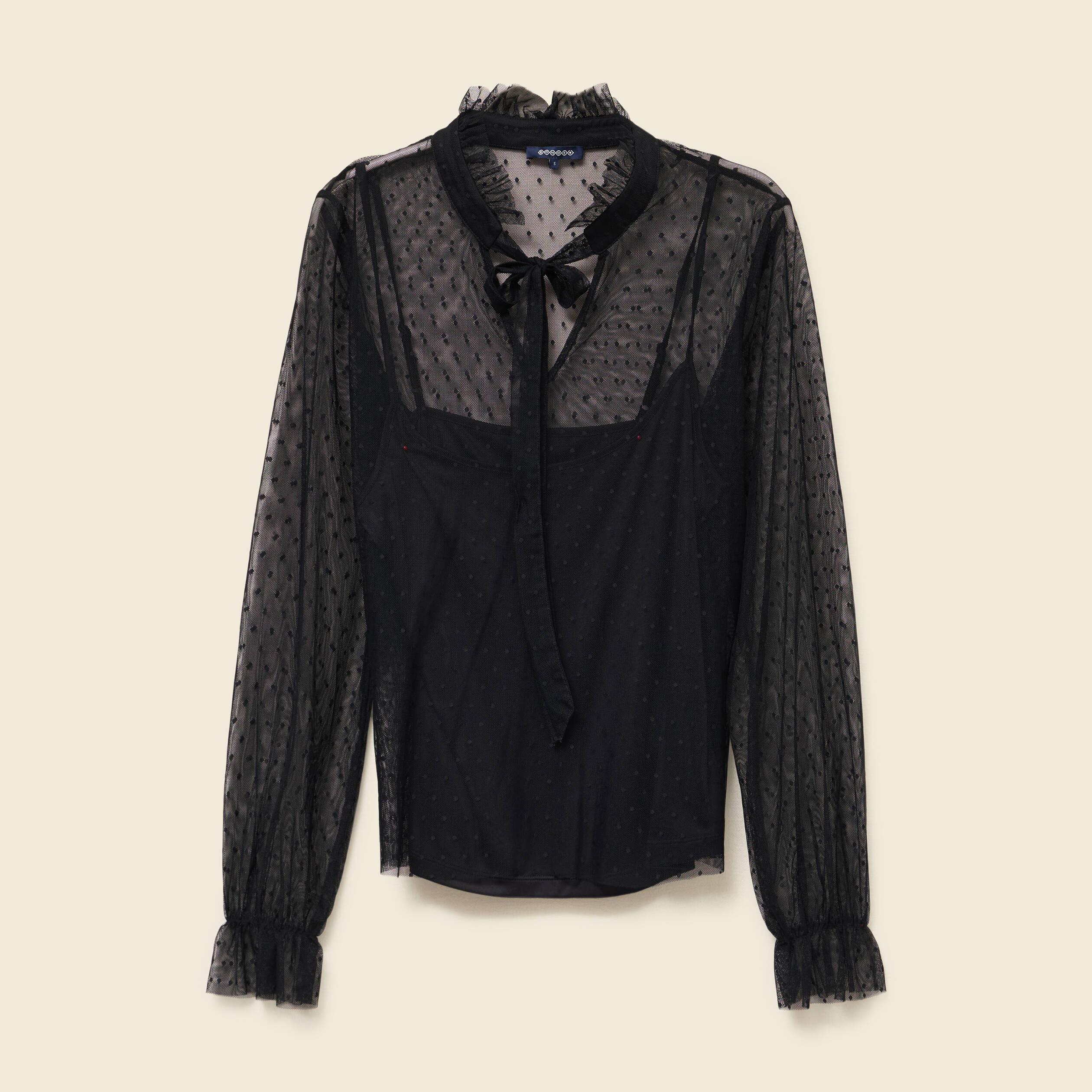 T-shirt col v manches longues doubl&eacute; noir femme