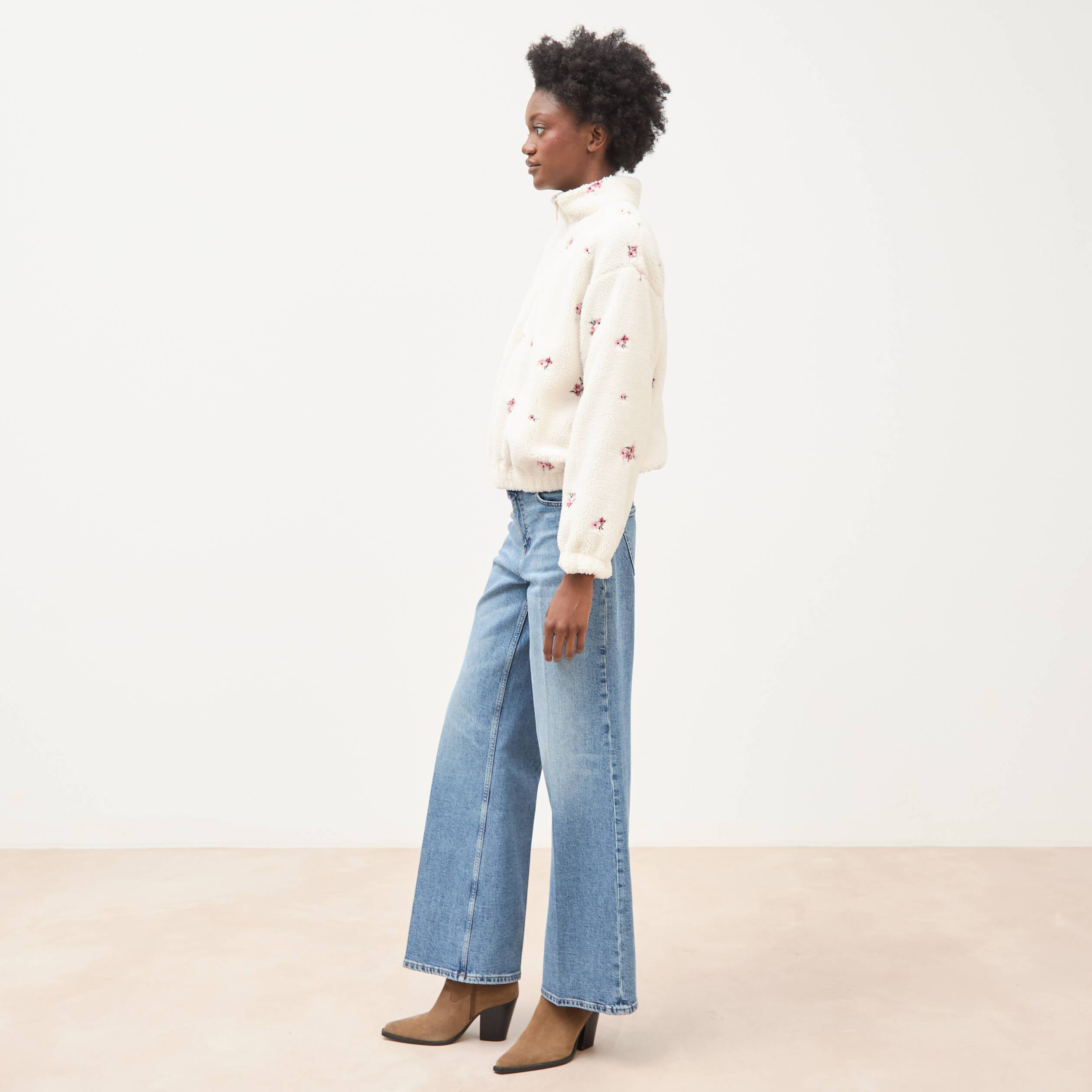 Sweat bouclette sherpa col montant ivoire femme