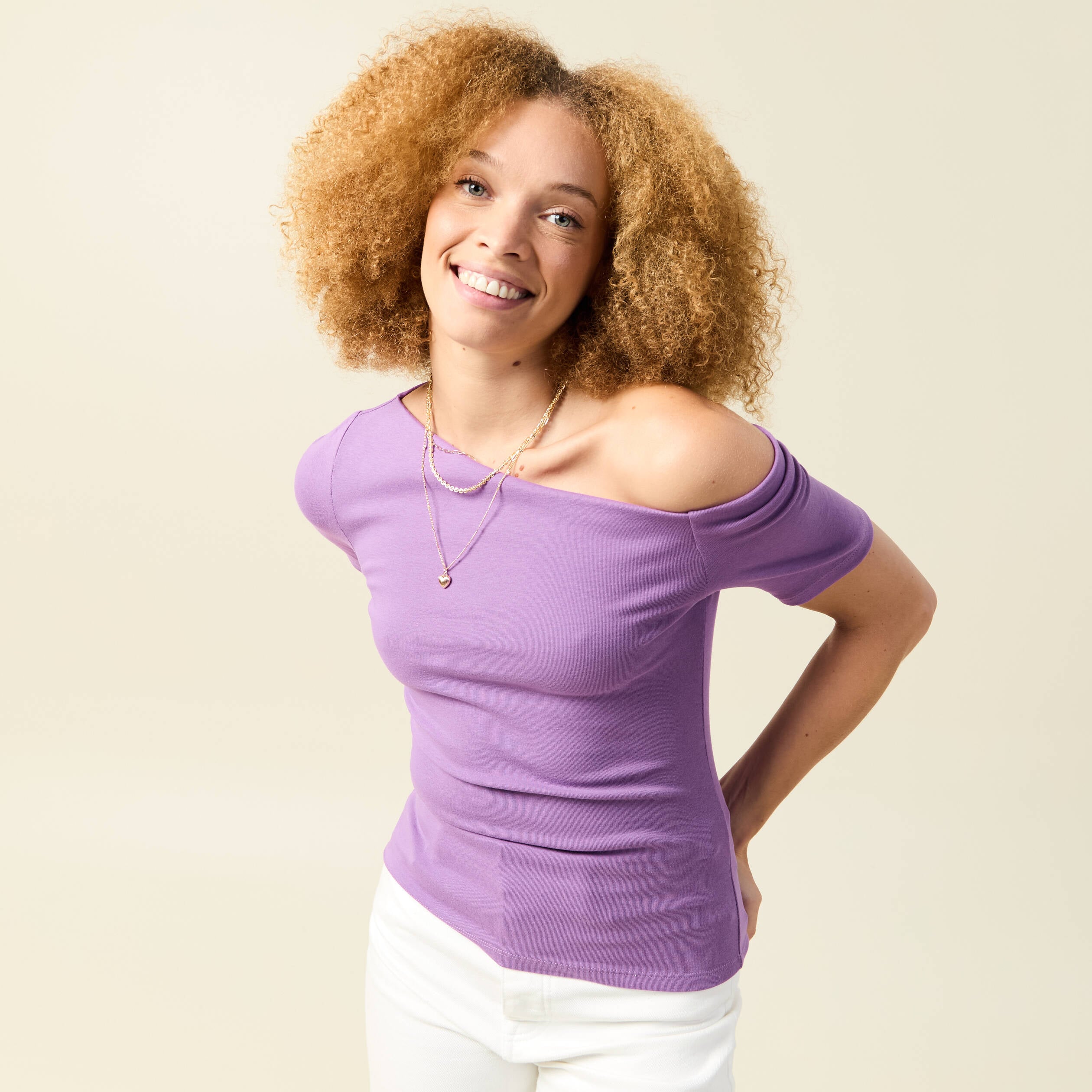 T-shirt asym&eacute;trique manches courtes violet femme