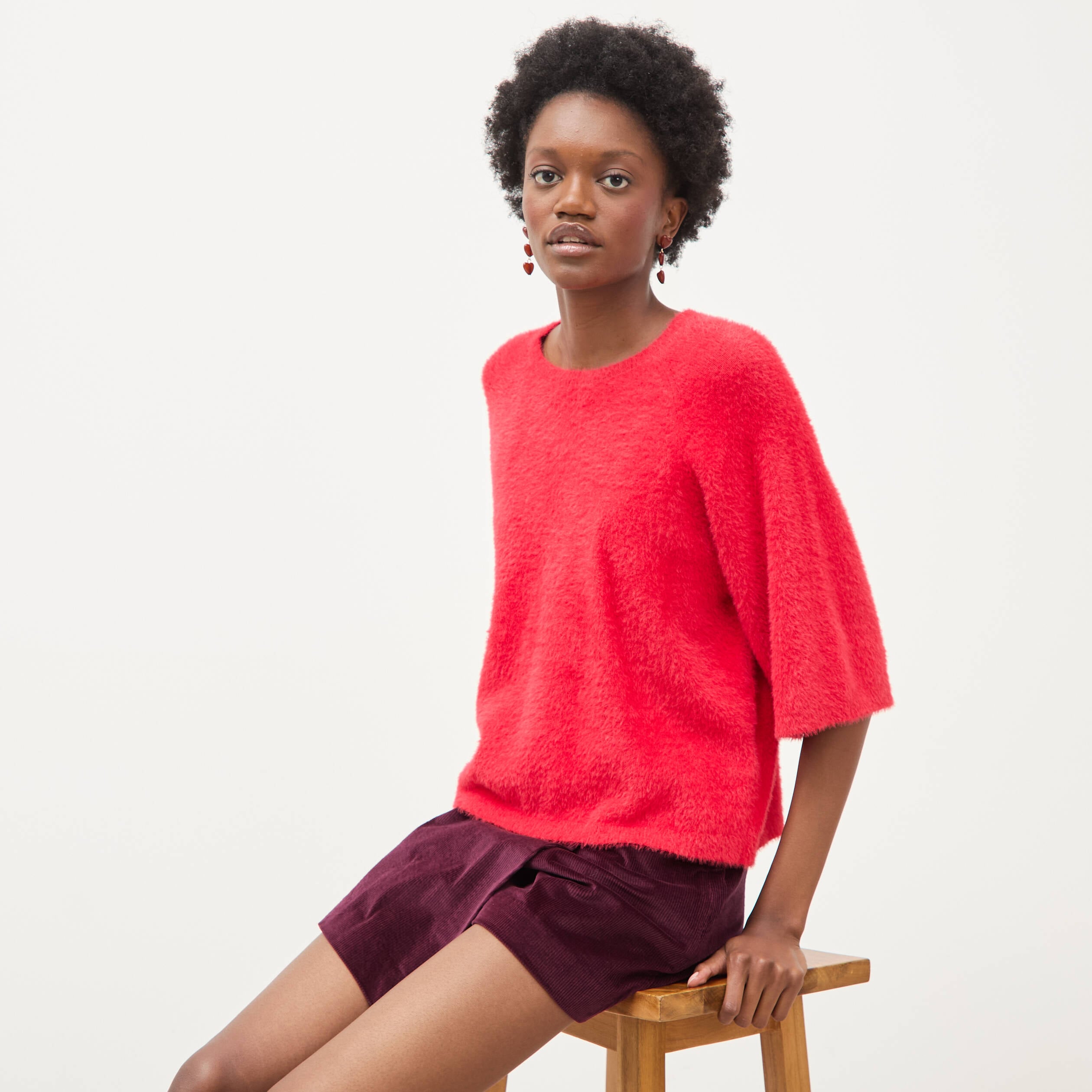 Pull droit manches 3/4 col rond rouge femme