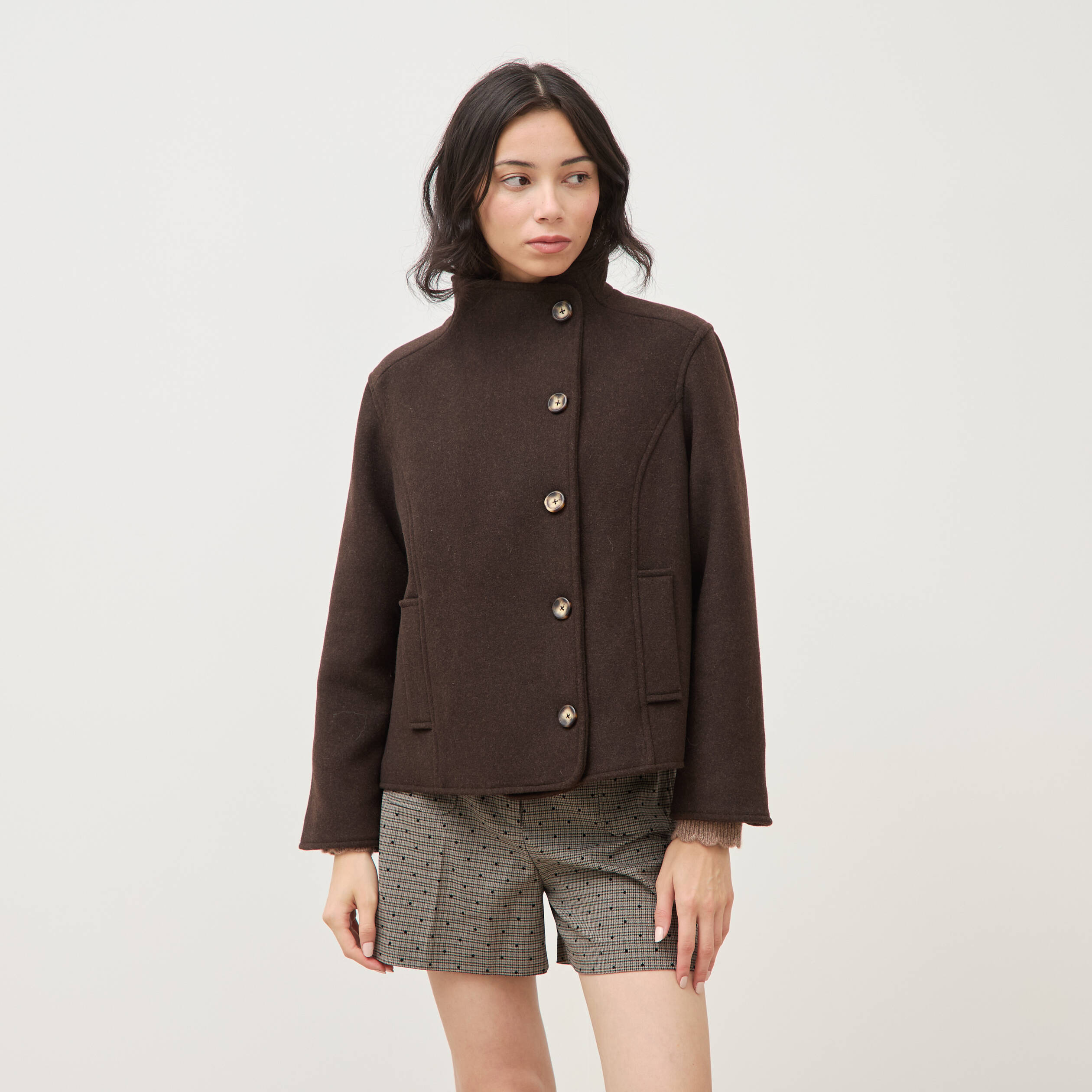 Veste oversize courte col tailleur marron fonc&eacute; femme