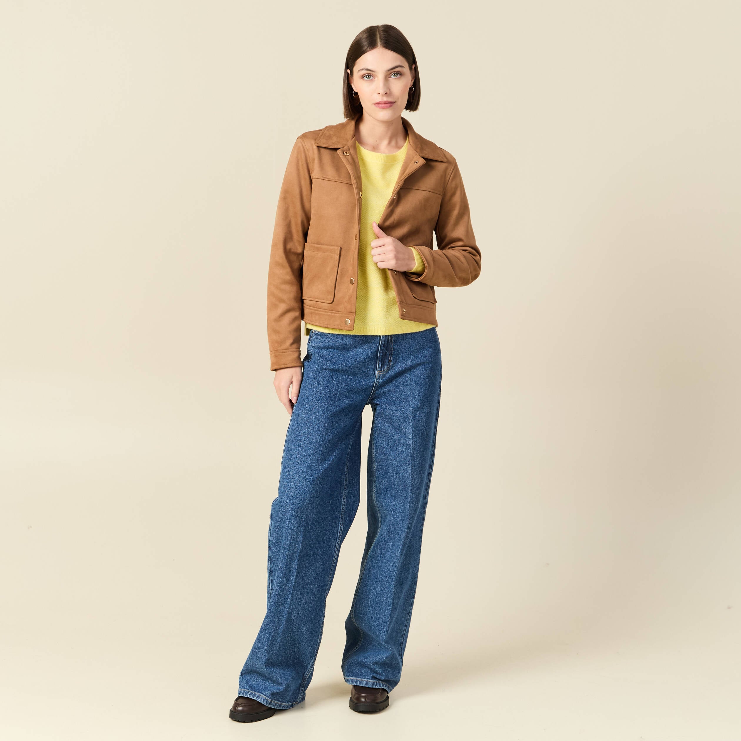 Blouson manches longues col classique marron femme