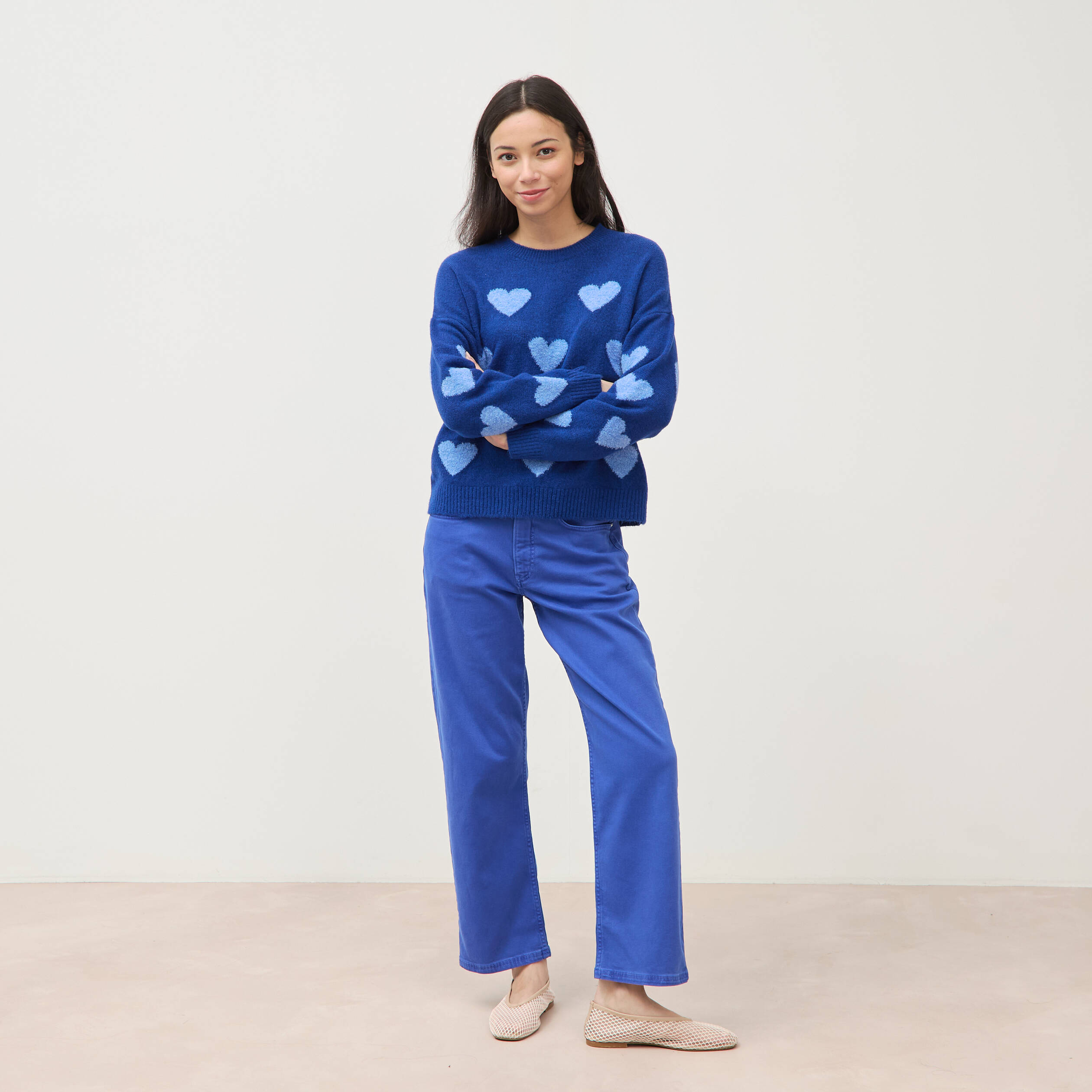 Pull manches longues bouclette col rond bleu electrique femme