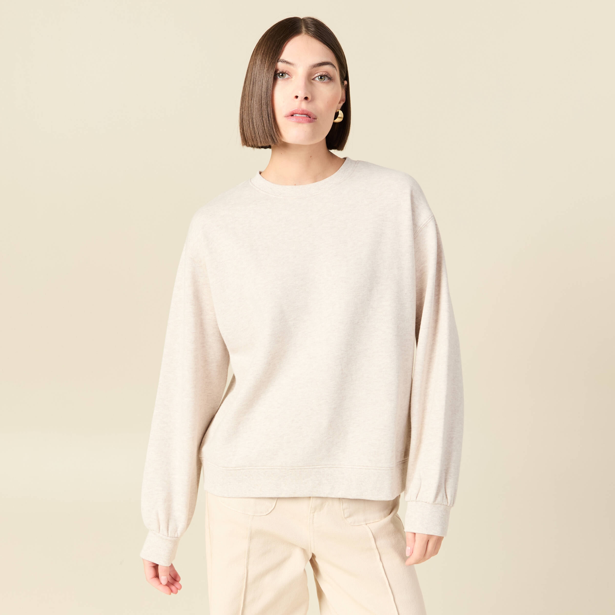 Sweat droit manches longues beige femme