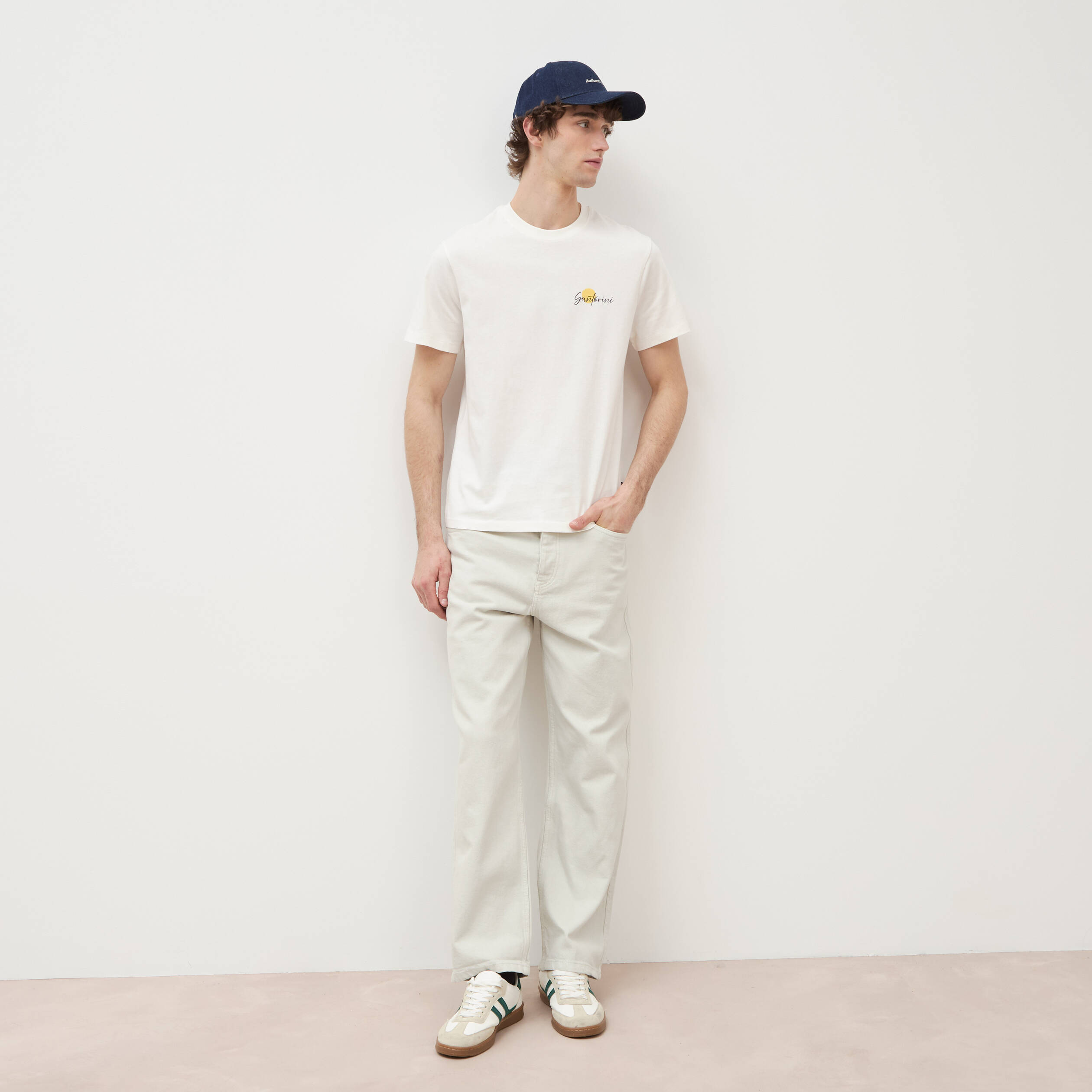 T-shirt droit en coton col rond ecru homme
