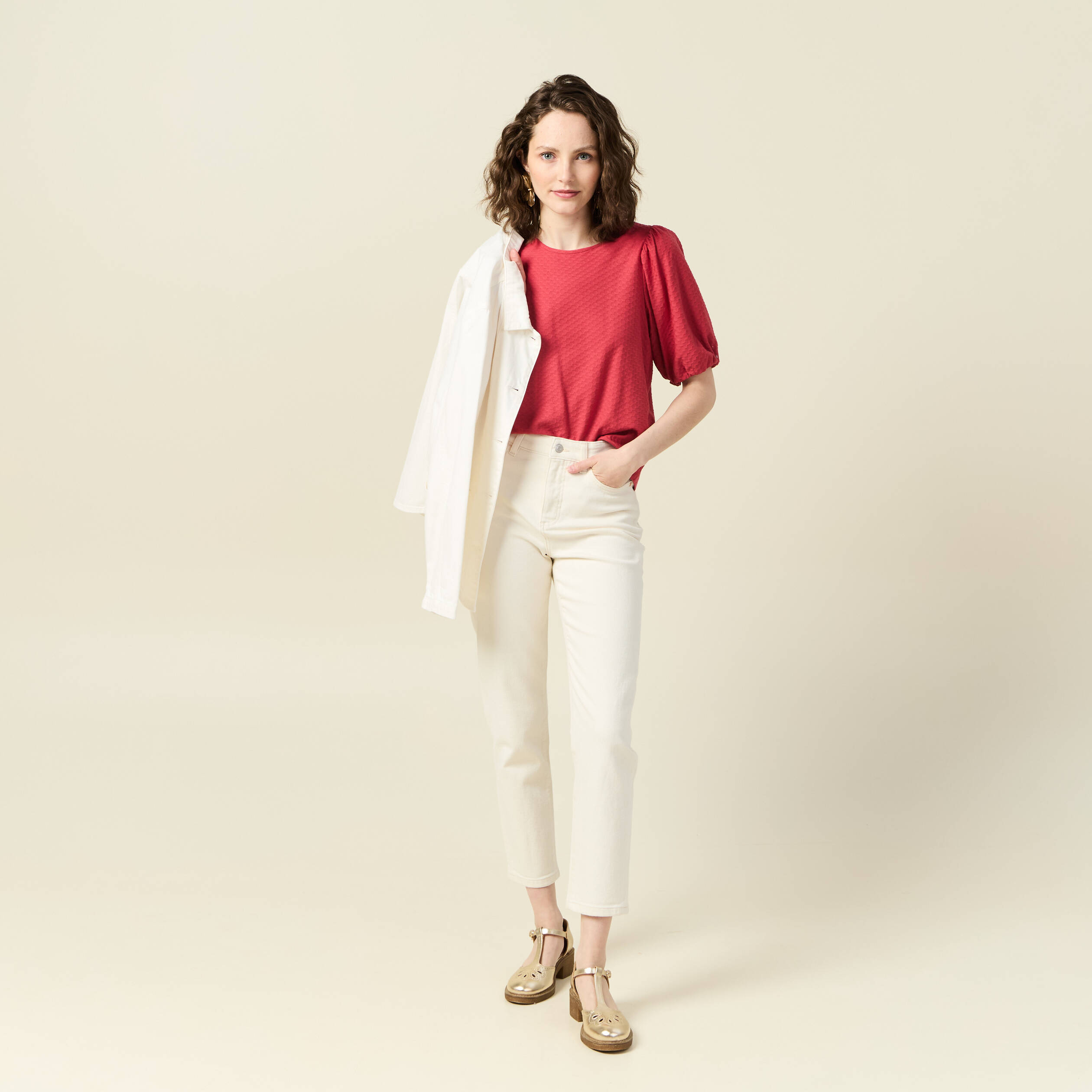 T-shirt manches courtes rouge fonc&eacute; femme