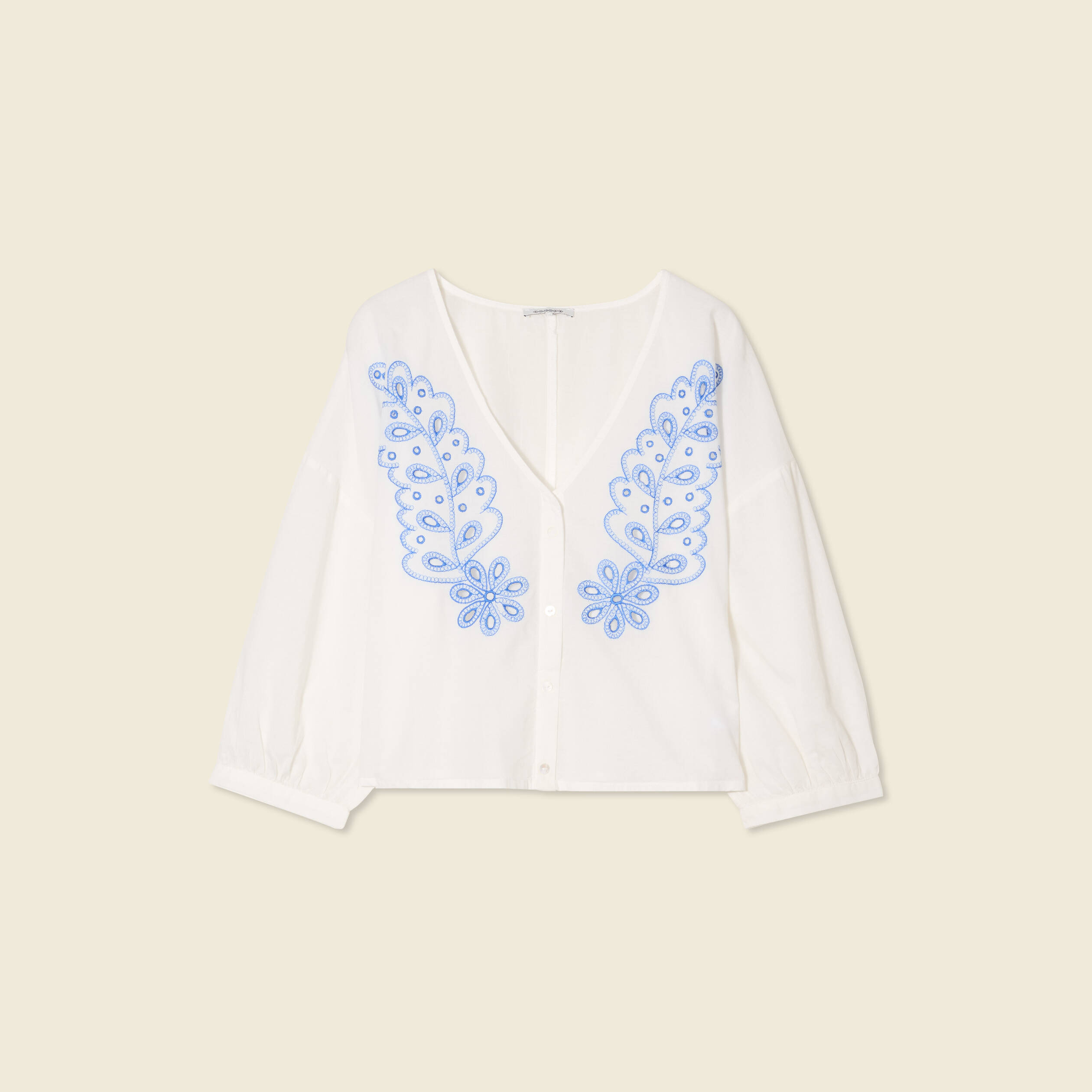 Blouse manches 3/4 brod&eacute;e ecru femme