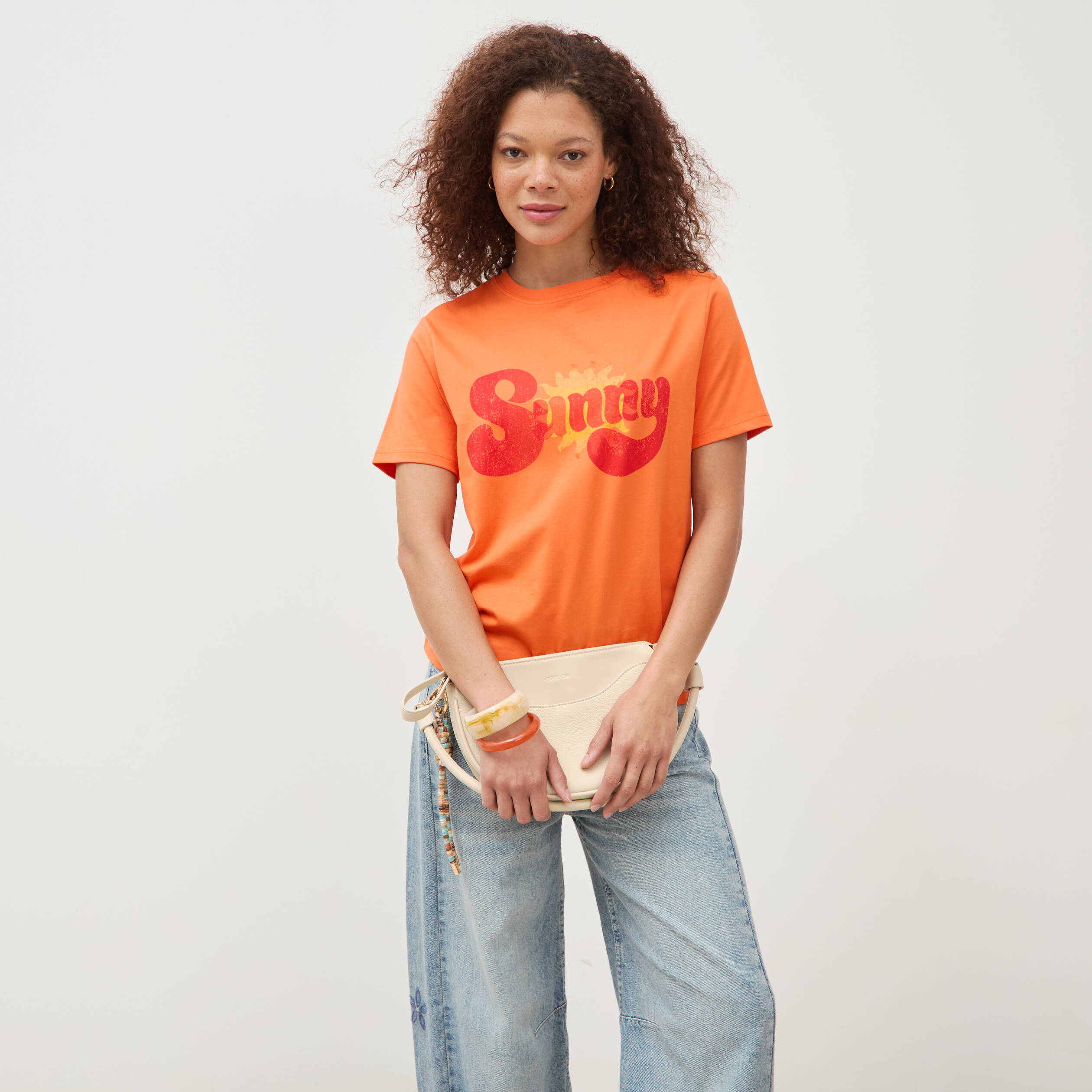 T-shirt droit col rond manches courtes orange femme