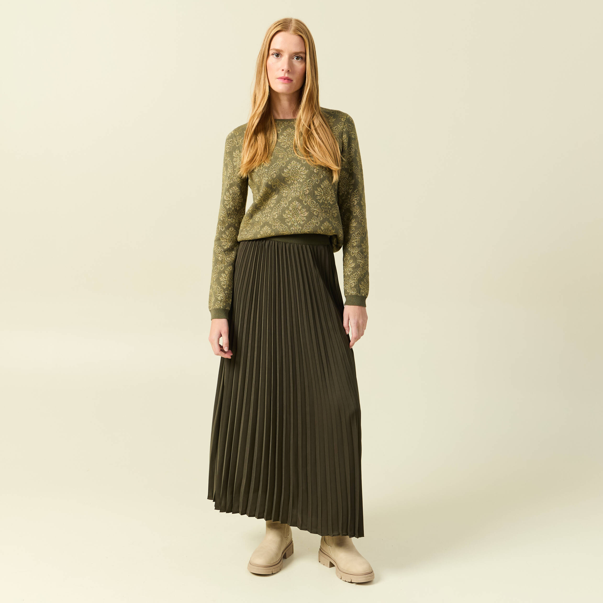 Pull manches longues col rond vert kaki femme