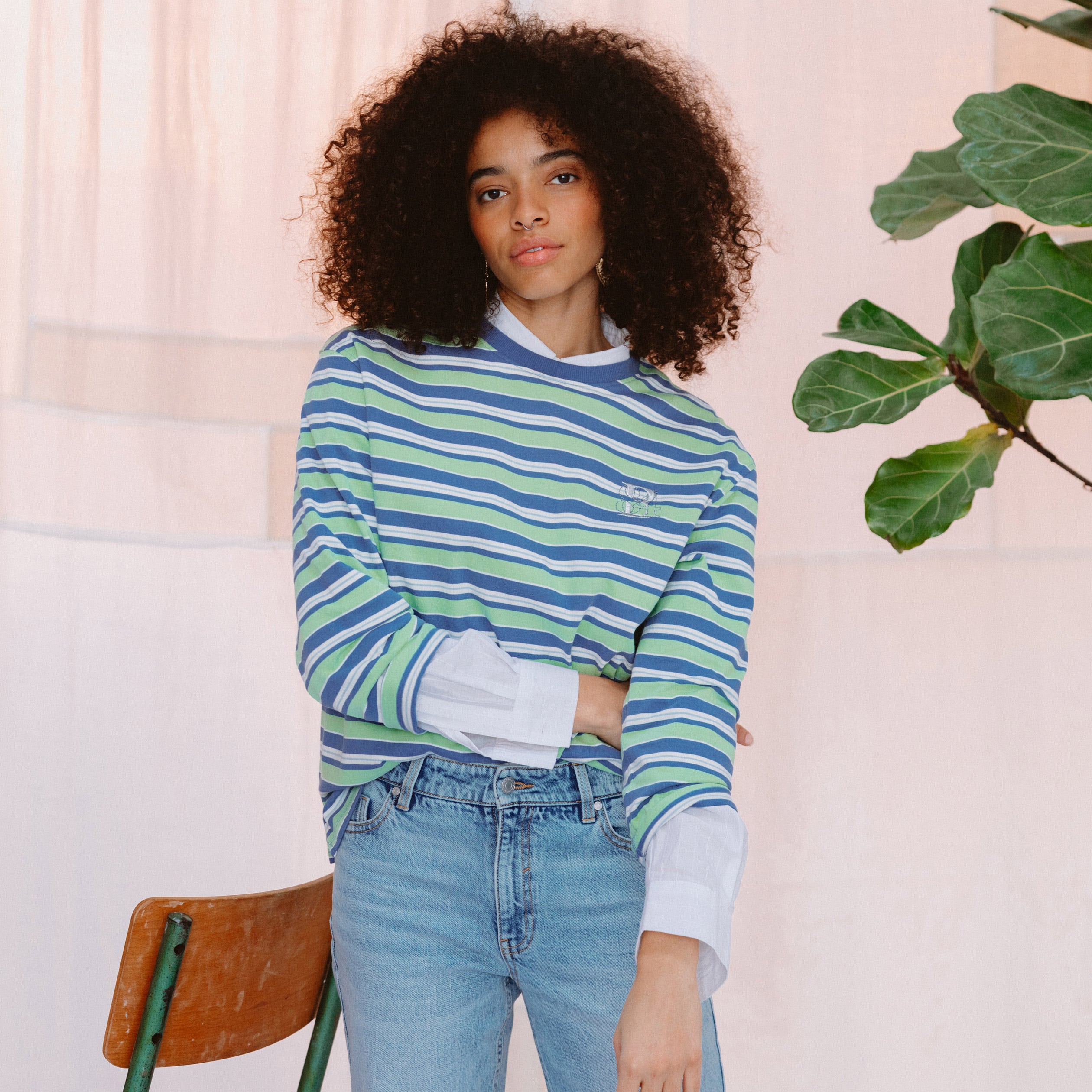 T-shirt ray&eacute; col rond manches longues vert menthe femme