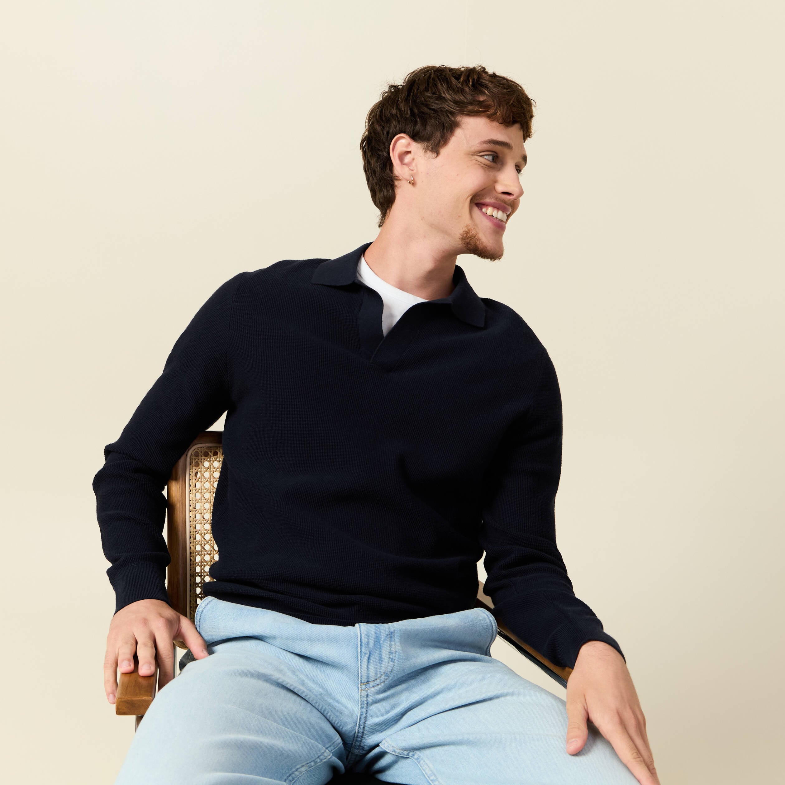 Pull droit col polo manches longues bleu marine homme