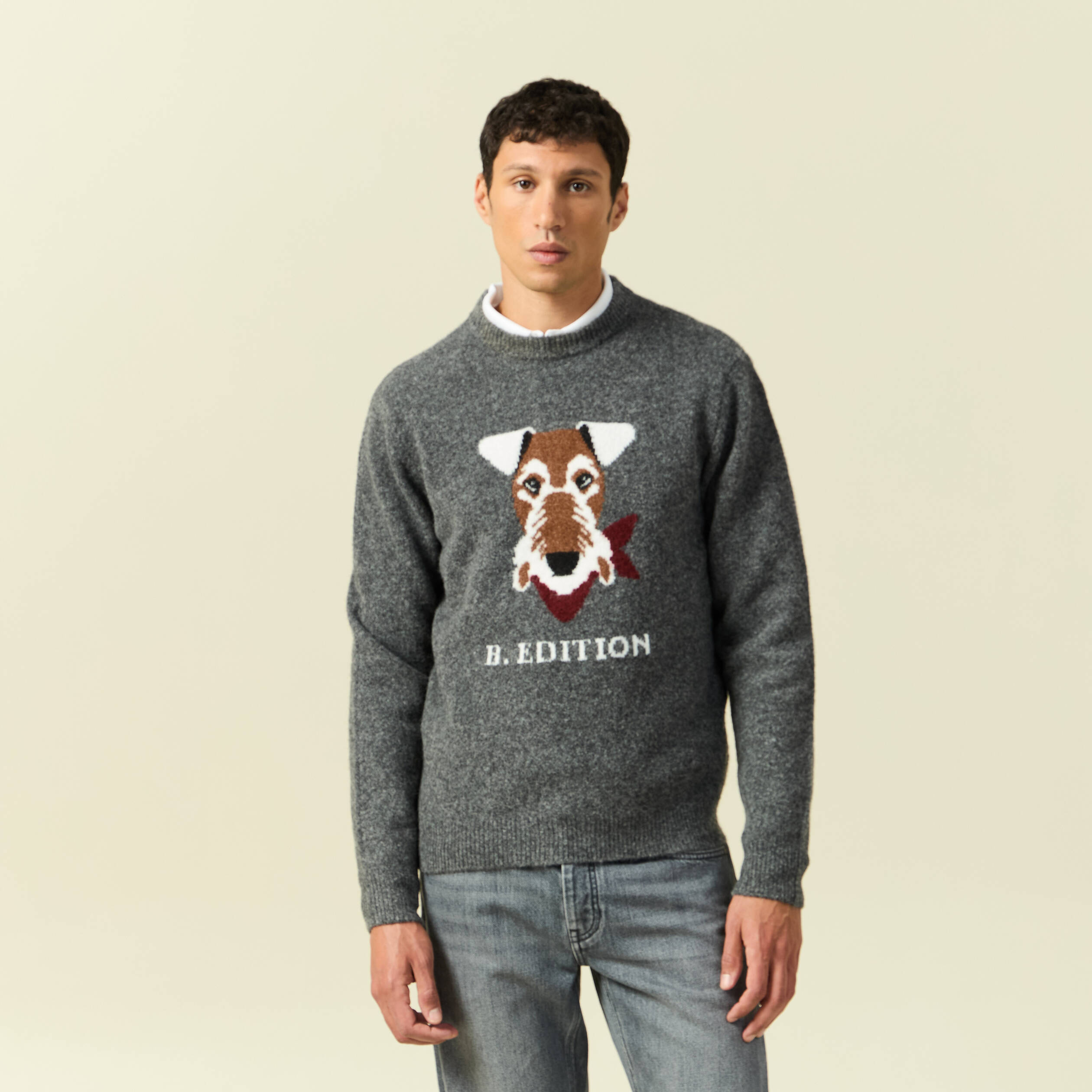 Pull col rond manches longues gris fonc&eacute; homme