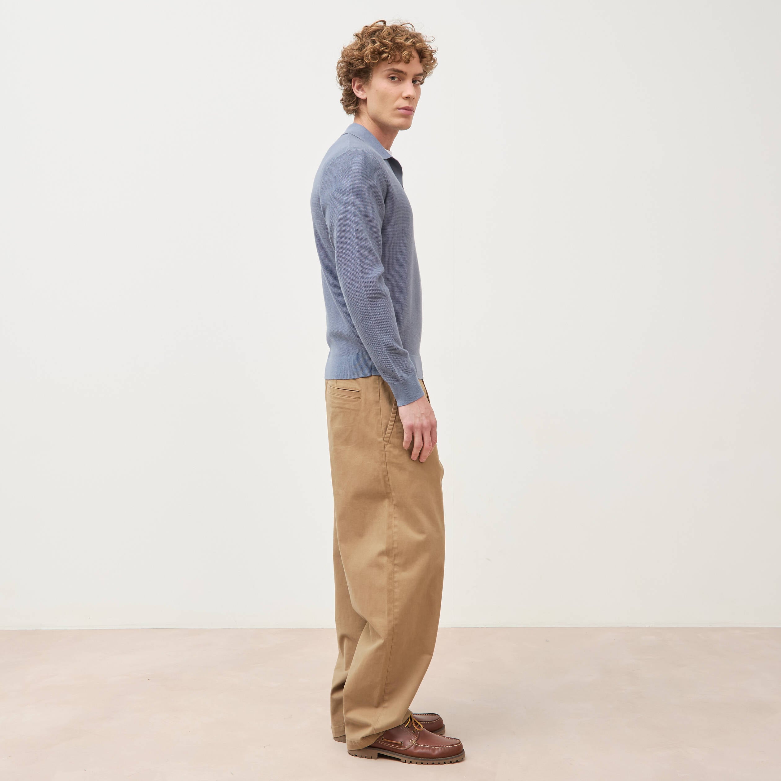 Pull droit col polo manches longues bleu gris homme