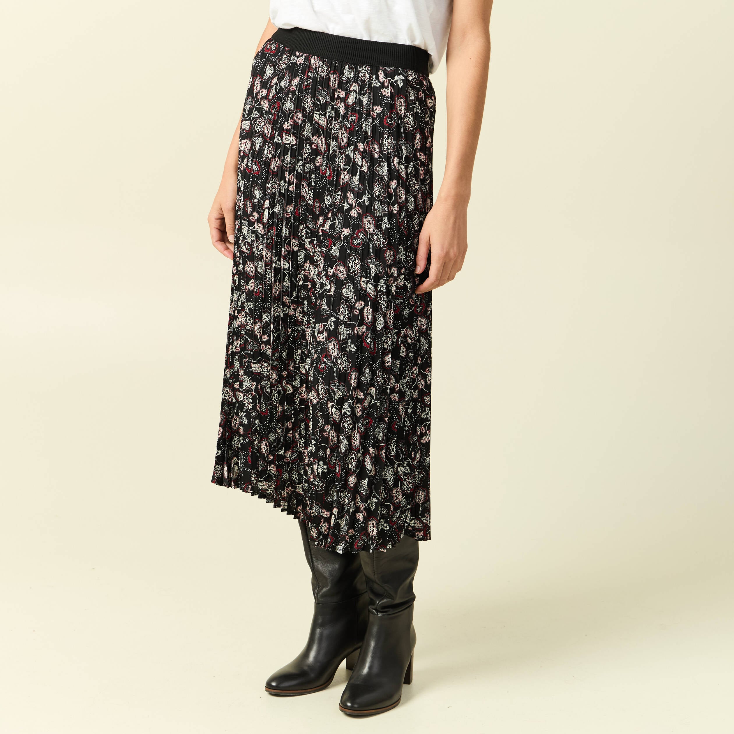 Jupe longue droite pliss&eacute;e noir femme