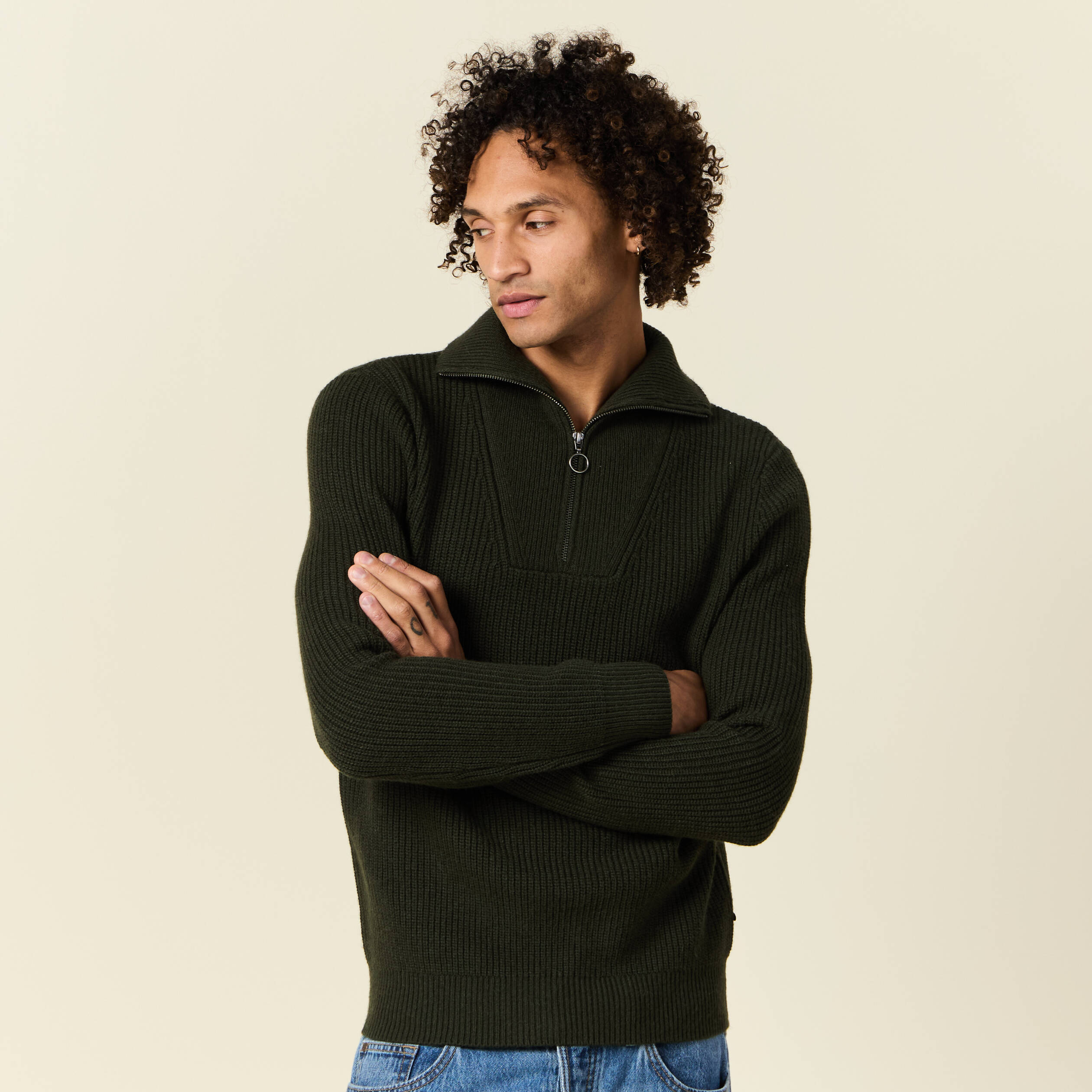 Pull col camionneur vert kaki homme