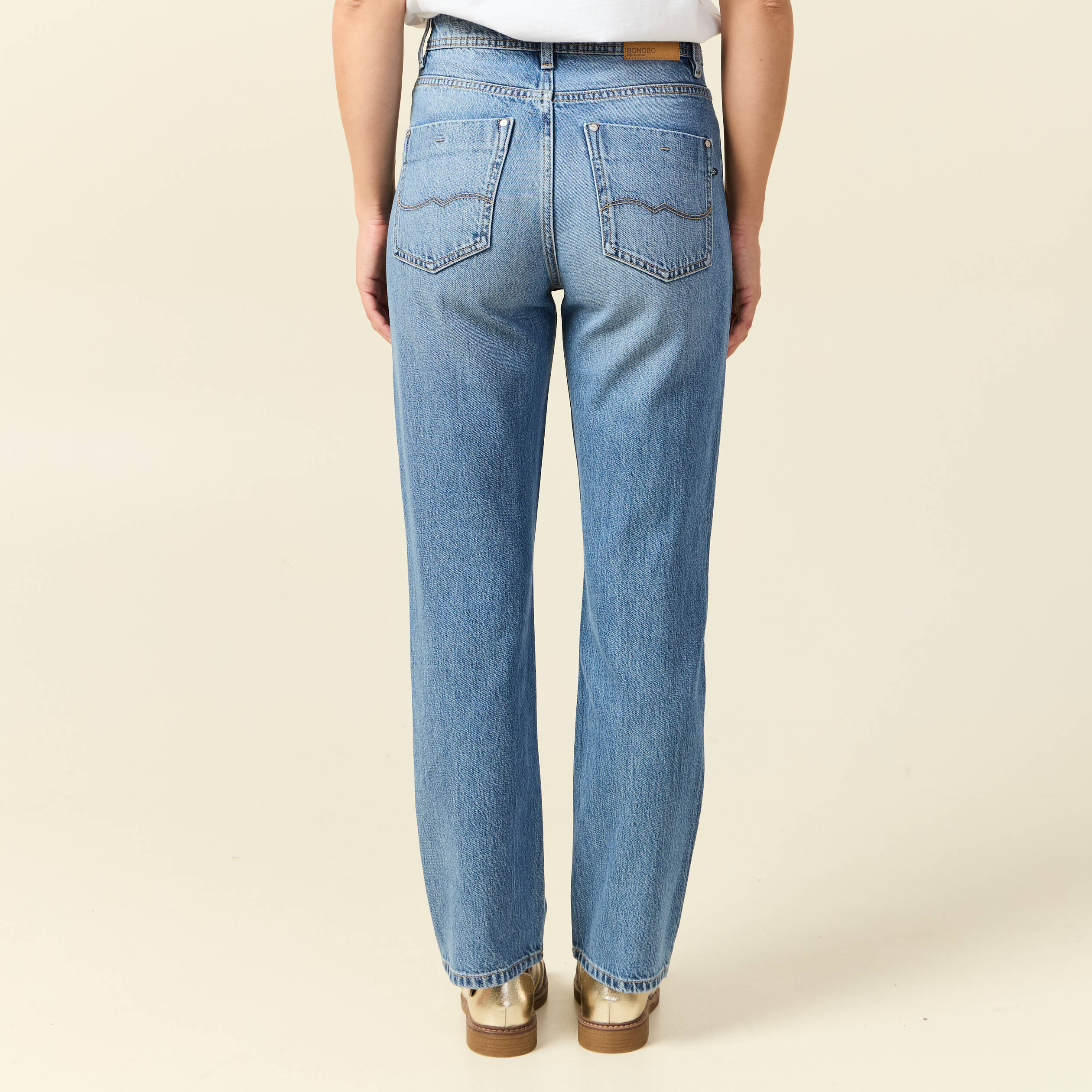 Jeans straight taille haute 7/8&egrave;me bleu femme