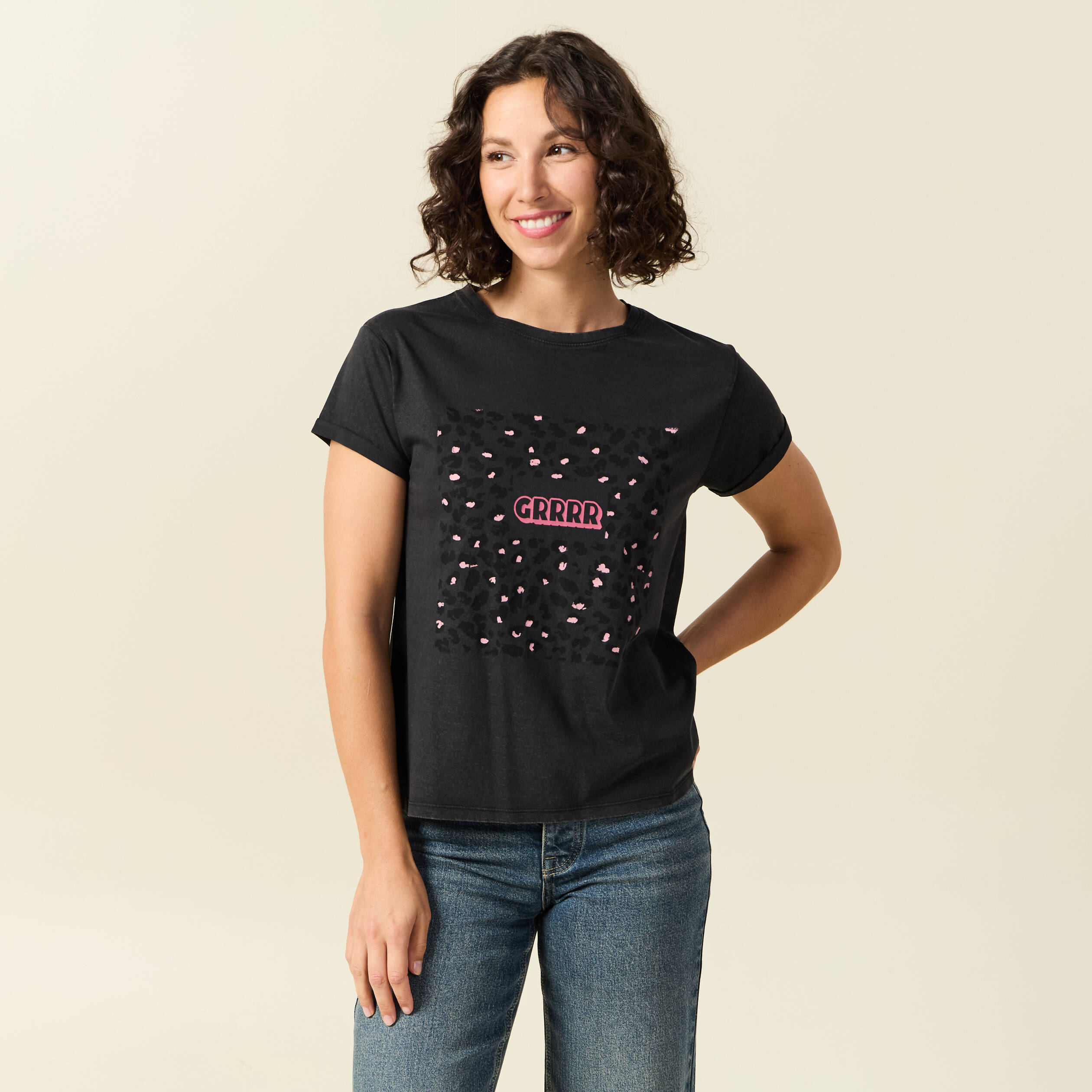 T-shirt en coton manches courtes noir femme
