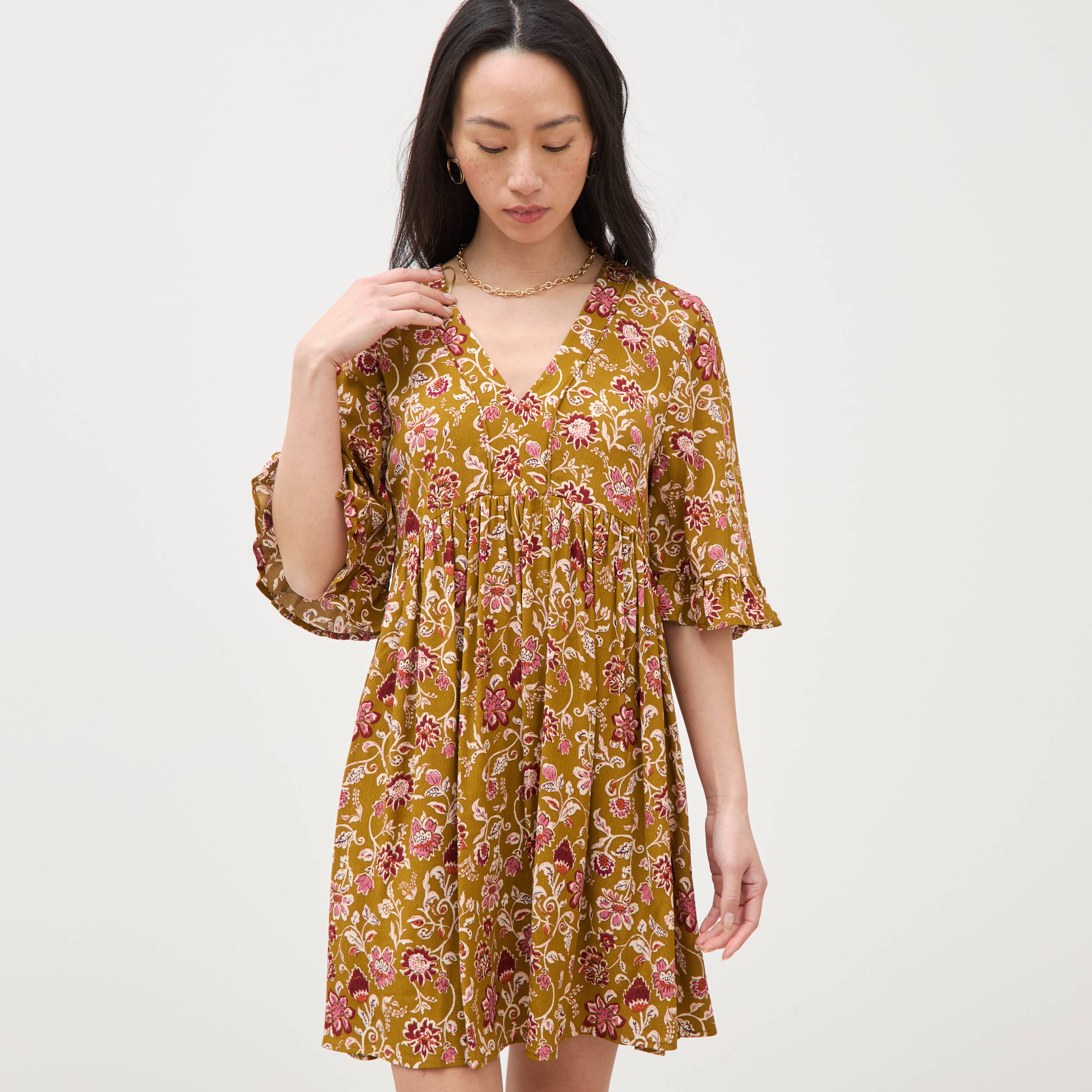 Robe col v manches au coude vert olive femme