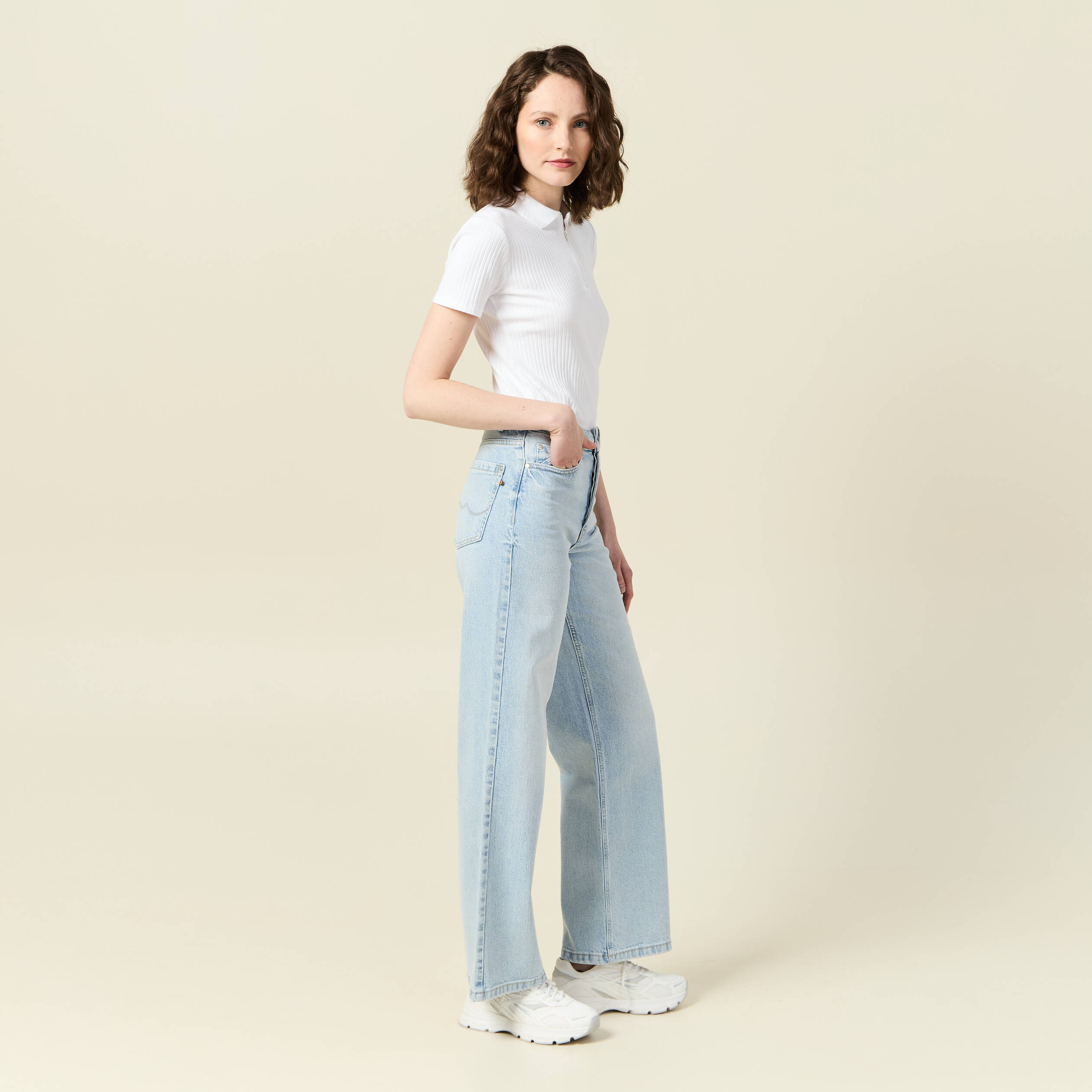 jeans large taille haute denim bleach femme Jeans large taille haute denim bleach femme