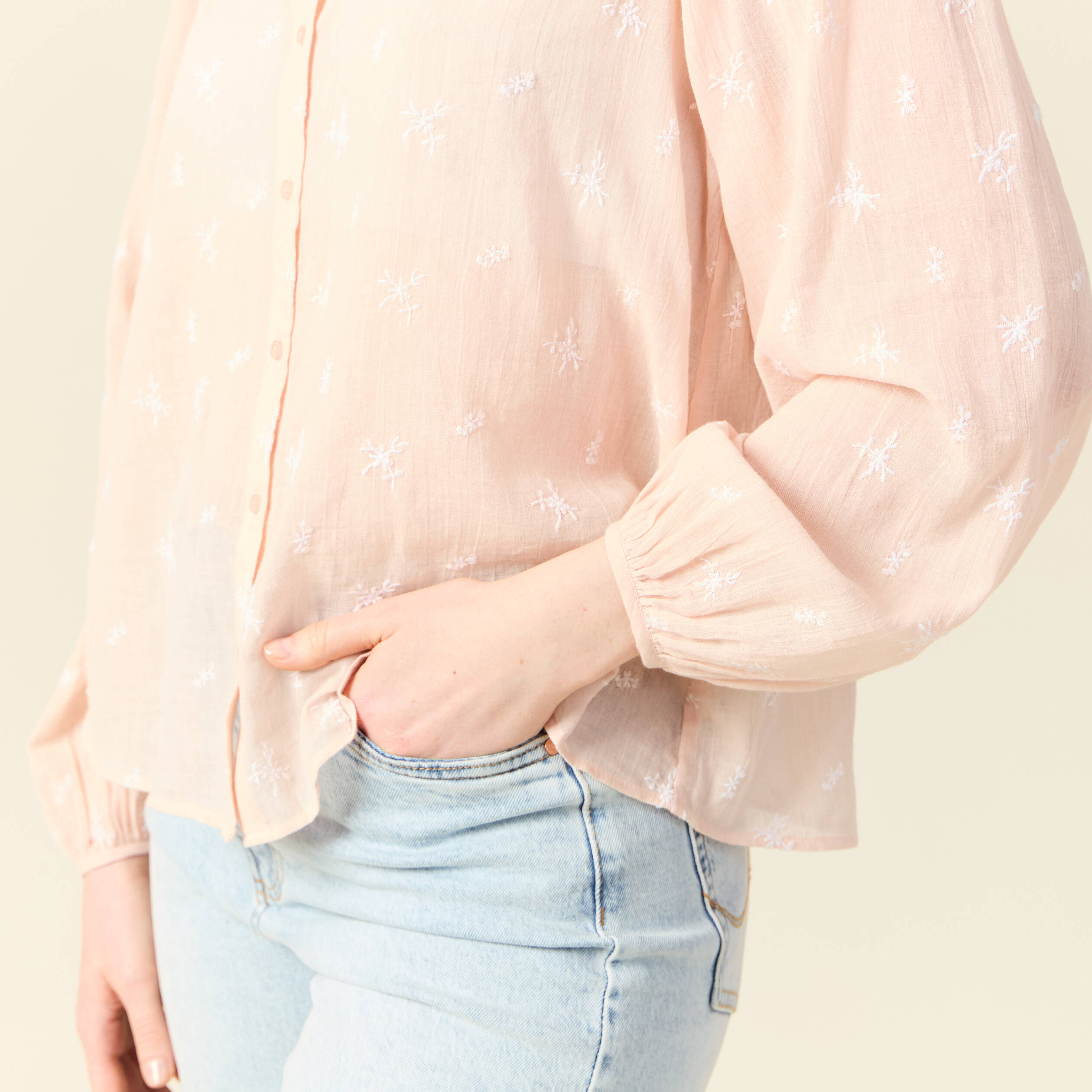 blouse manches longues brodee rose poudree femme Blouse manches longues brodée rose poudrée femme