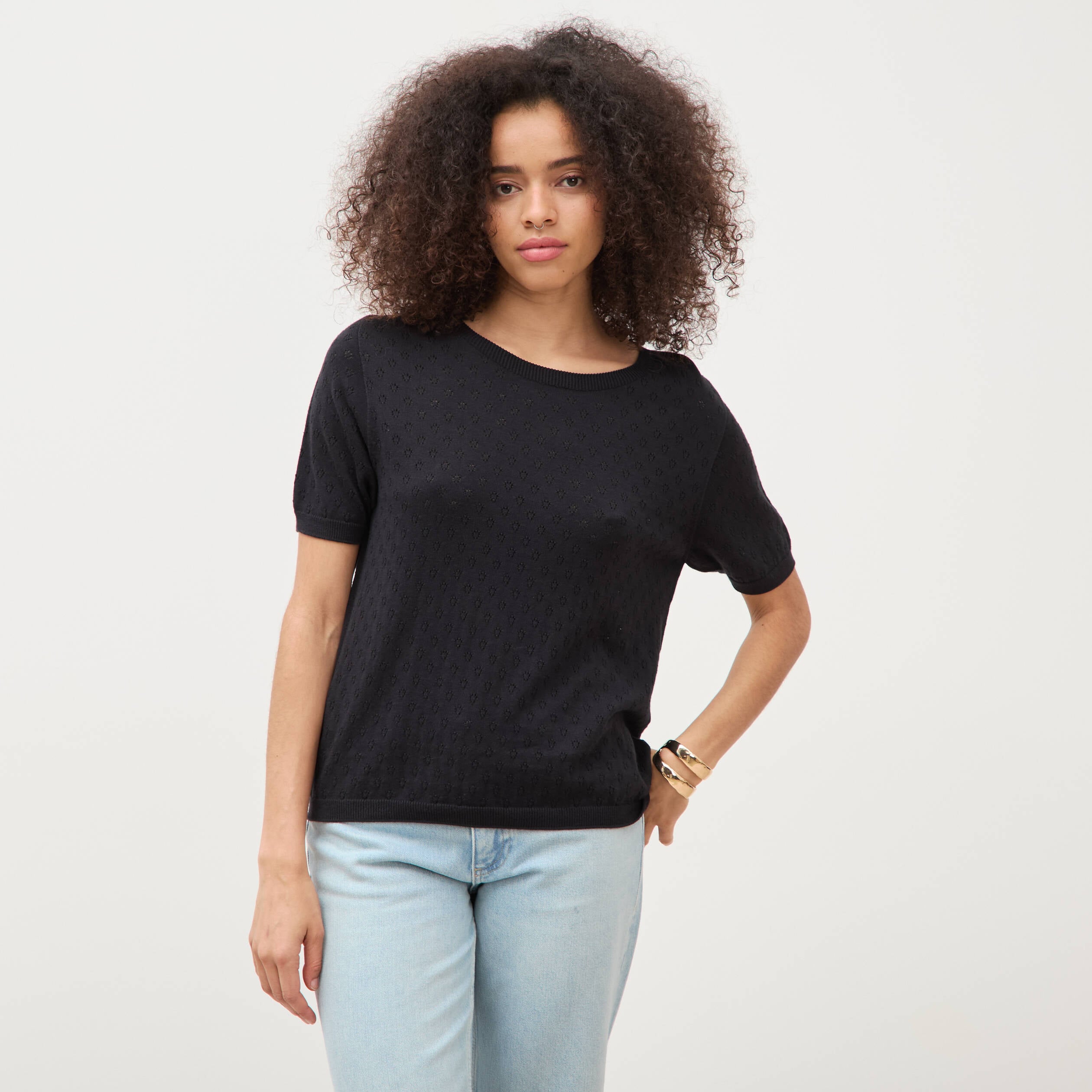 Pull col rond manches courtes noir femme