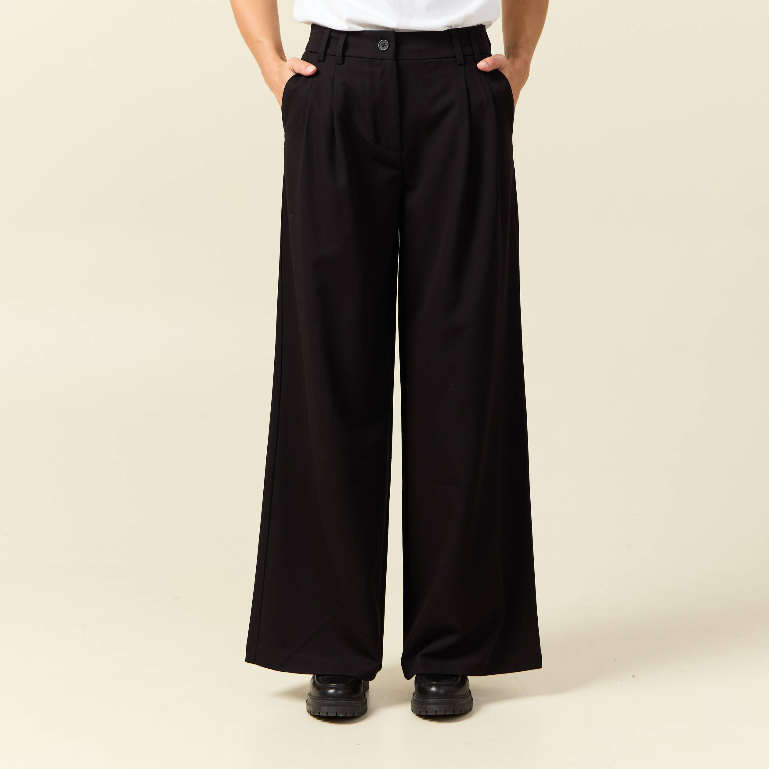 Pantalon large taille haute fluide noir femme