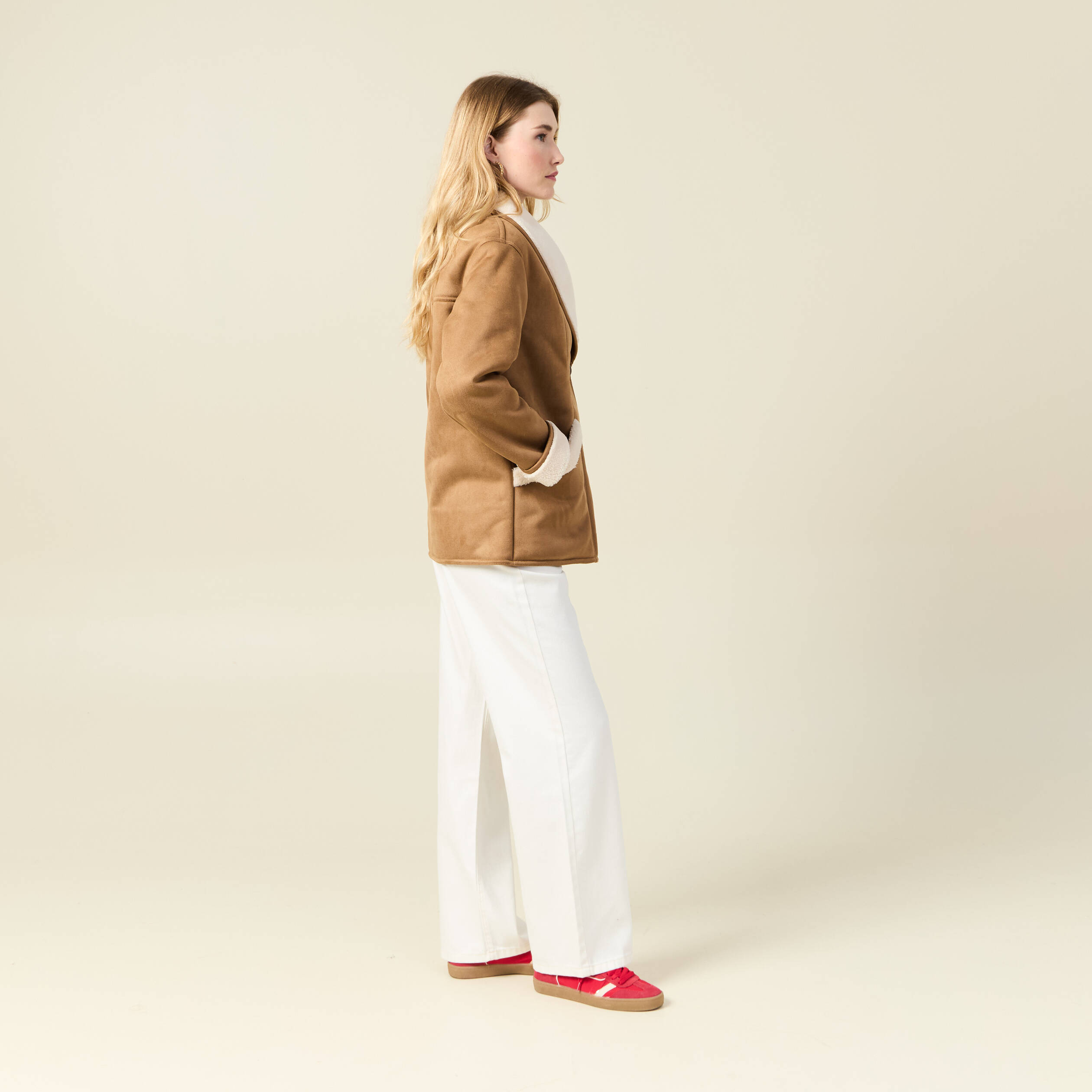 manteau suedine col chale marron femme Manteau suédine col châle marron femme