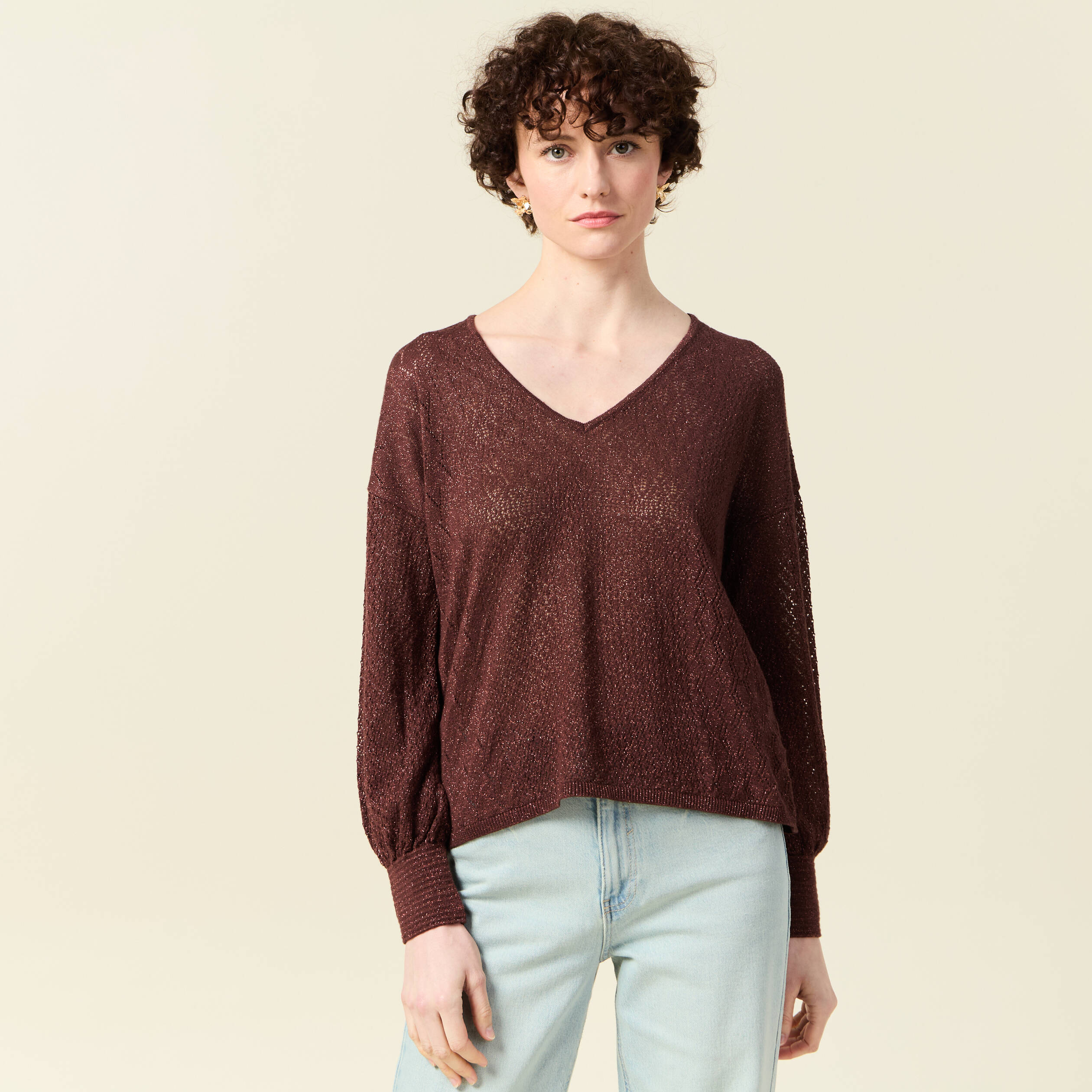 Pull manches longues ajour&eacute; bordeaux femme