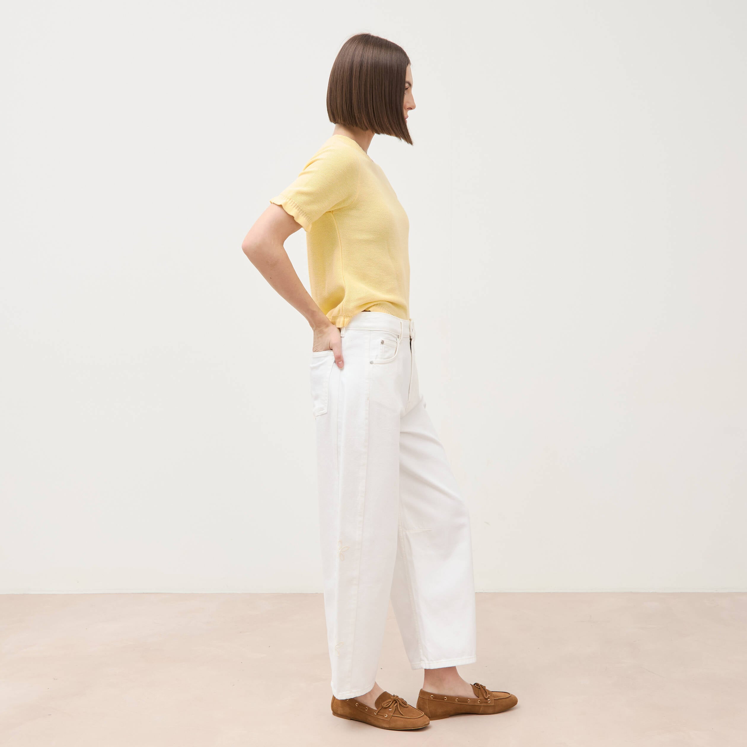 Jeans barrel taille haute 7/8&egrave;me denim blanc femme