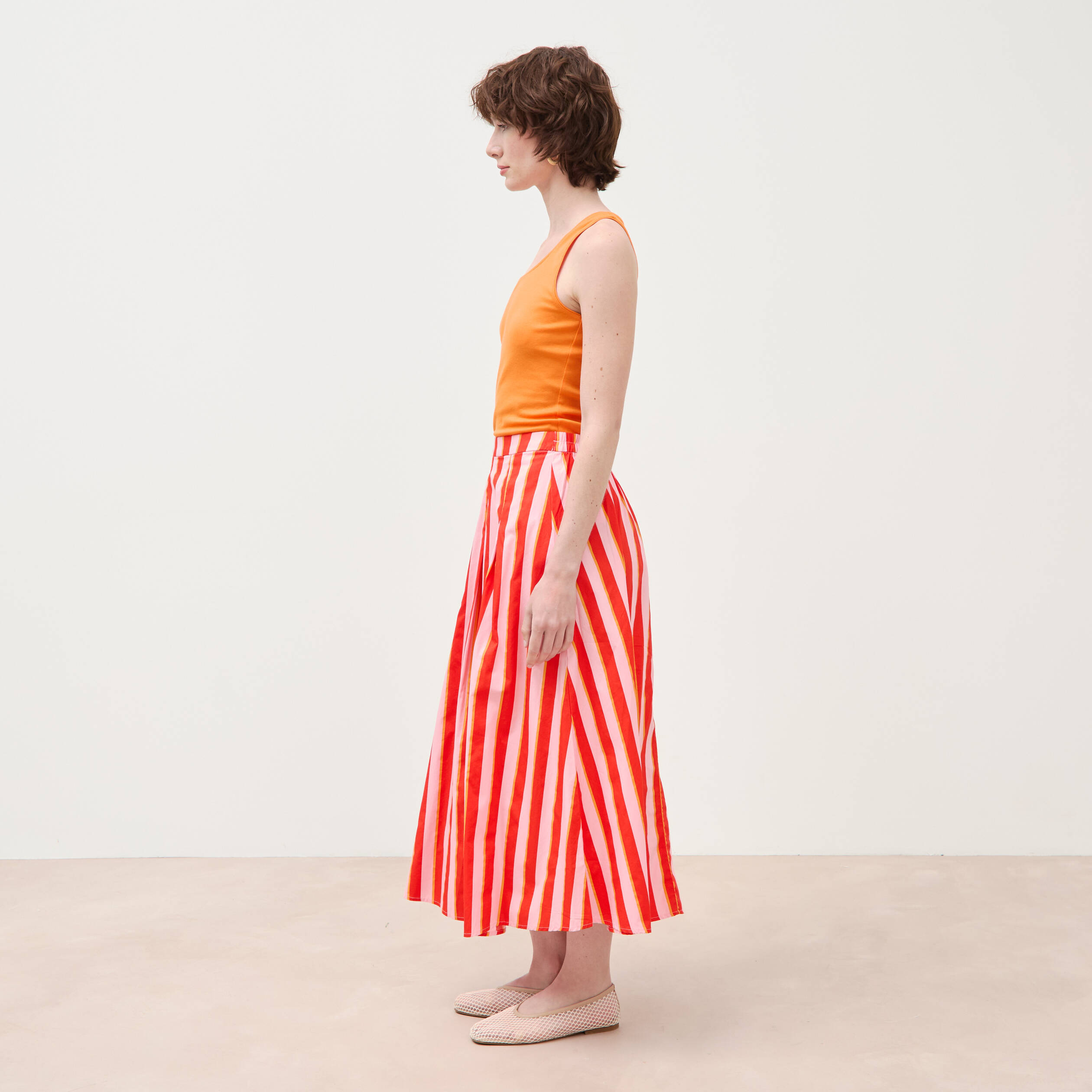 Jupe longue &eacute;vas&eacute;e en coton ray&eacute; orange corail femme