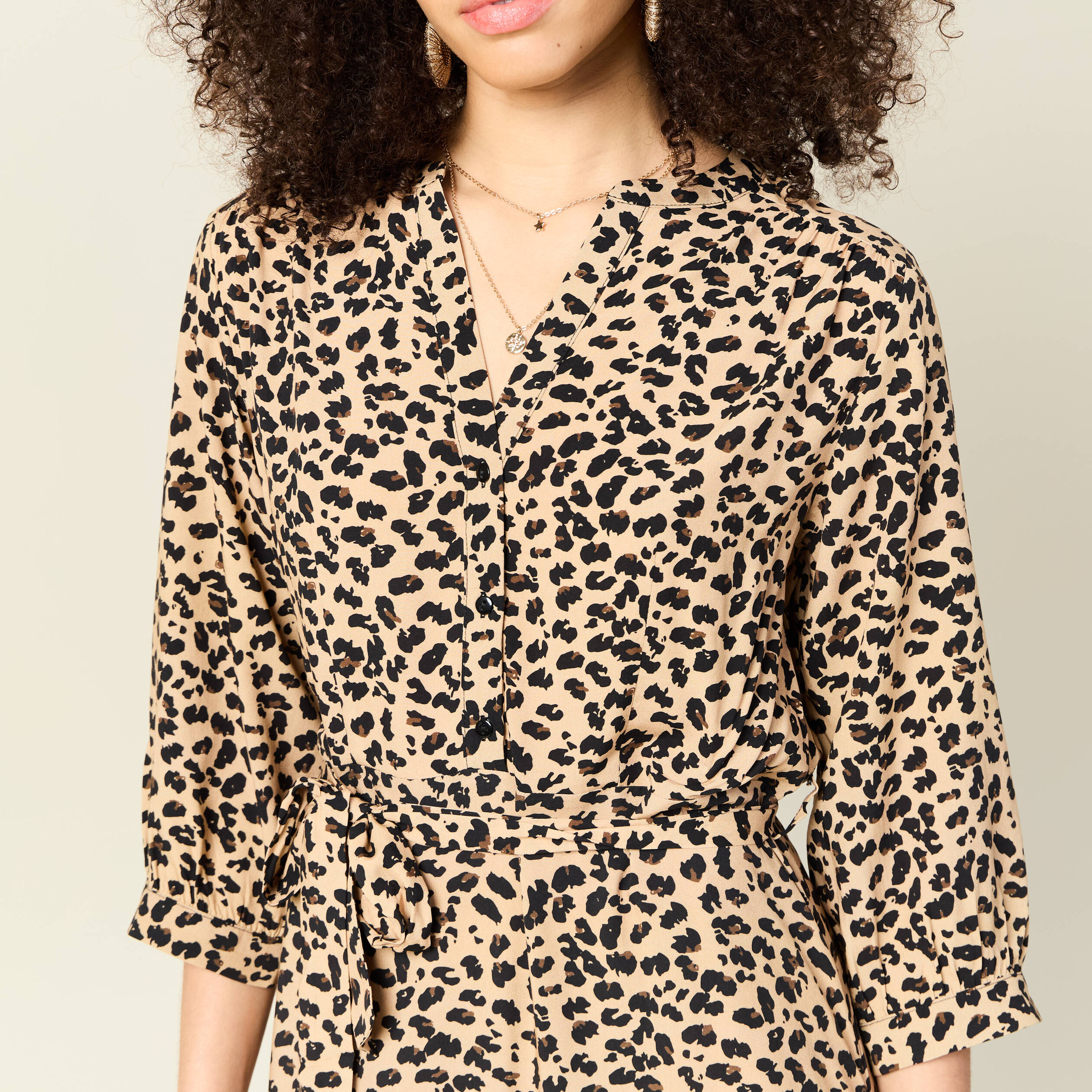 Robe longue droite manches 3/4 marron clair femme
