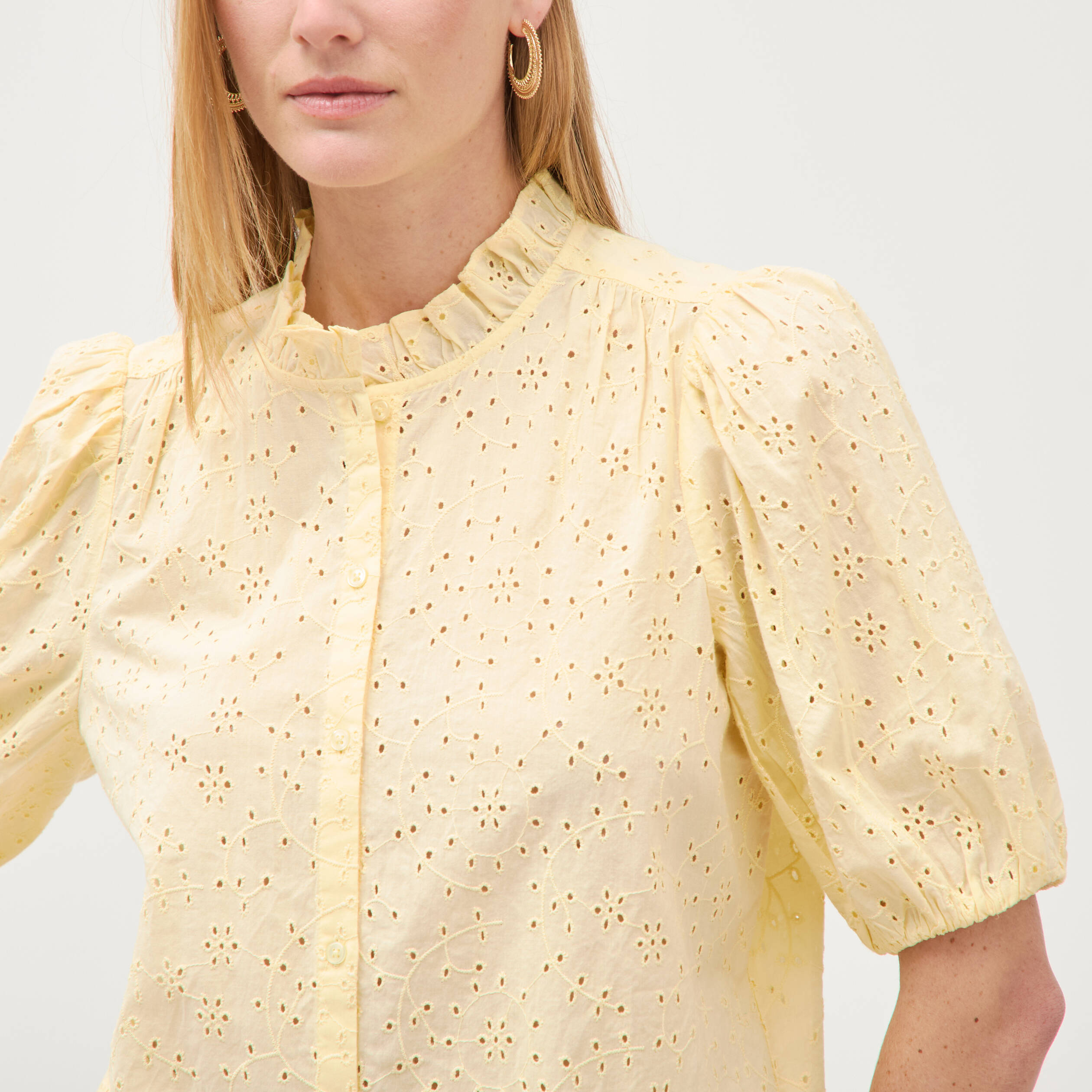 Chemise en coton manches coude jaune clair femme