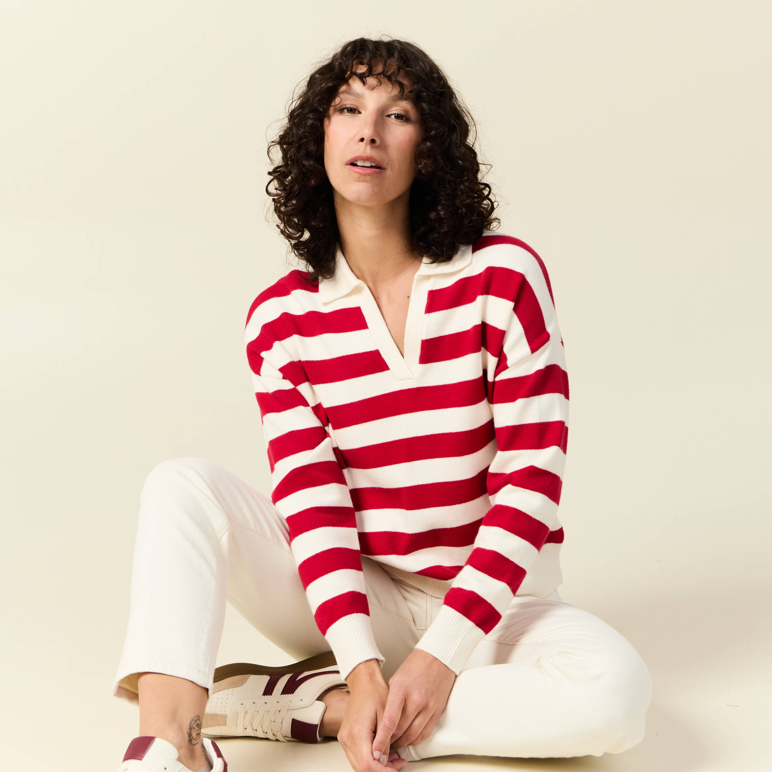pull manches longues col polo ecru femme Pull manches longues col polo ecru femme