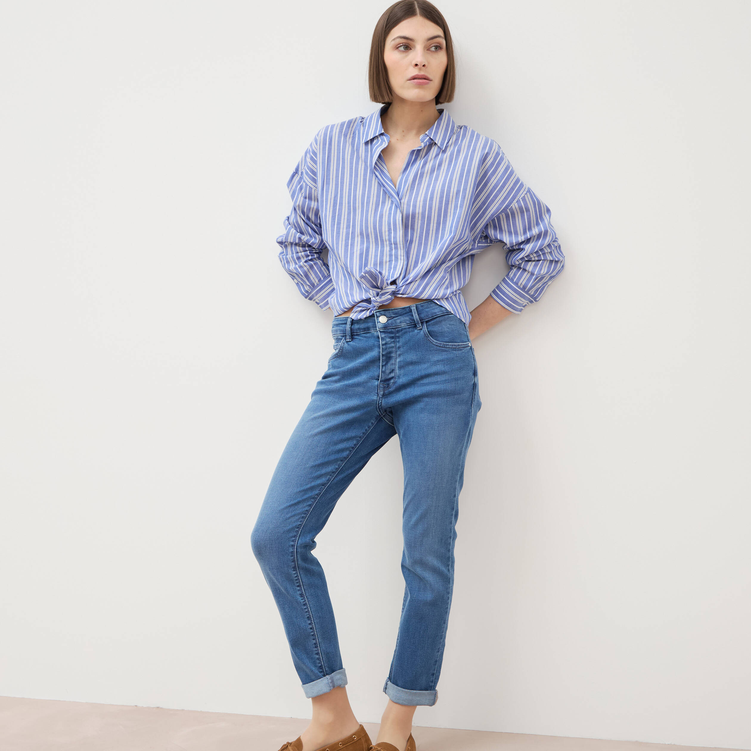 Jeans girlfriend taille haute denim stone femme