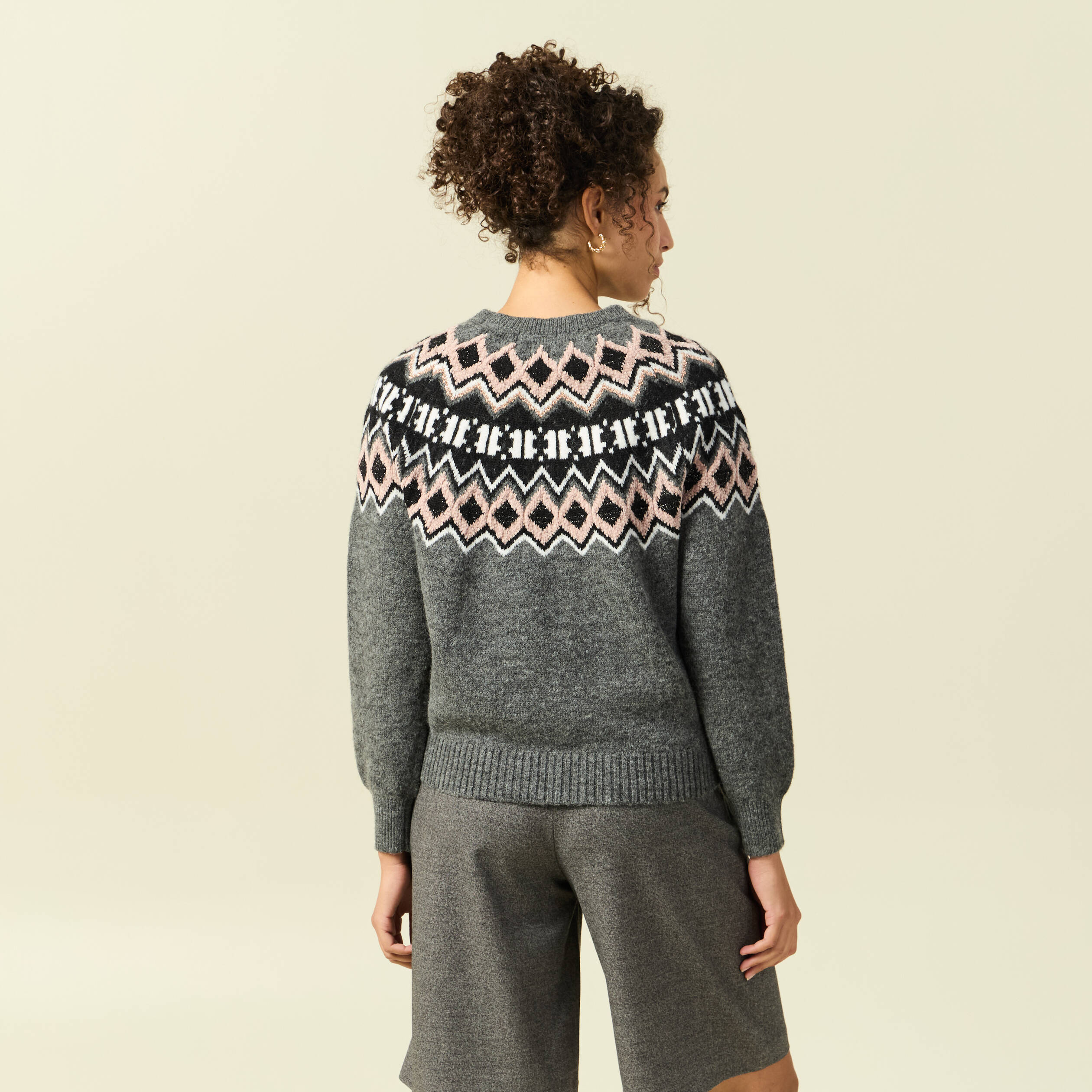Pull col rond manches longues gris clair femme