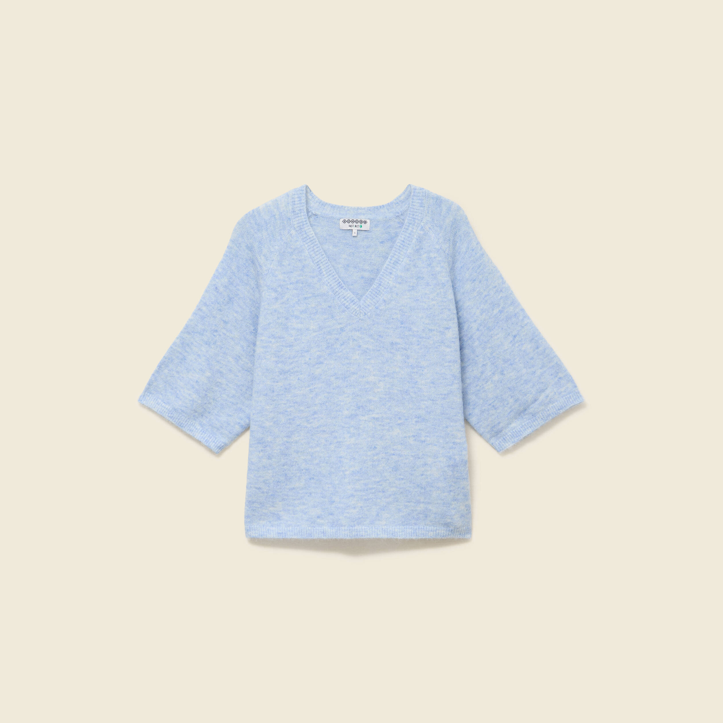 Pull col v manches 3/4 bleu ciel femme