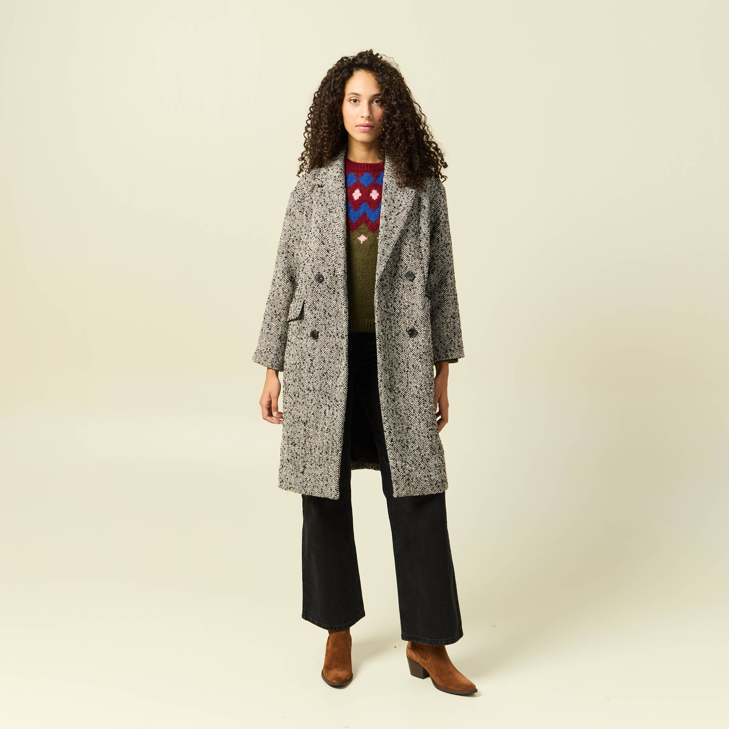 Pull col rond manches longues vert kaki femme