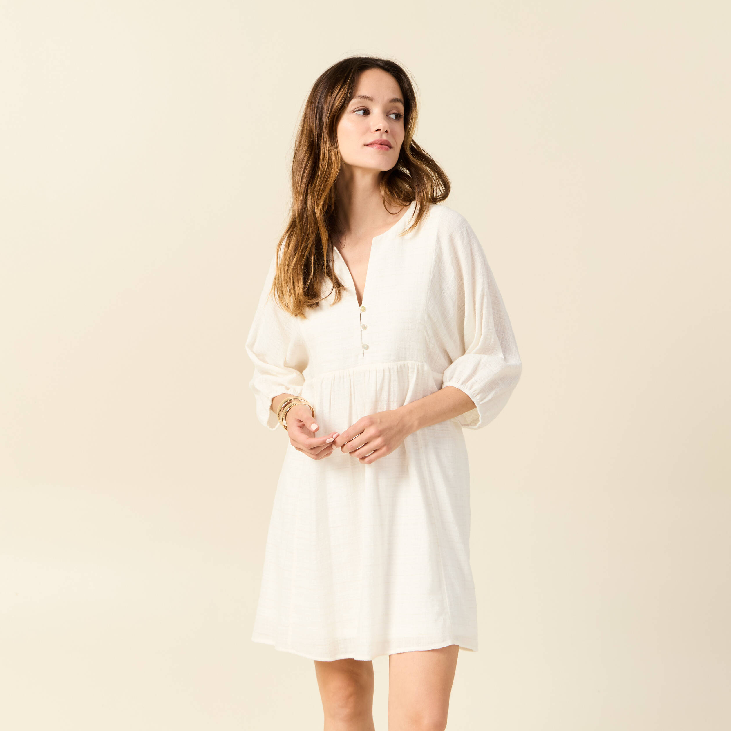 Robe &eacute;vas&eacute;e manches 3/4 ecru femme