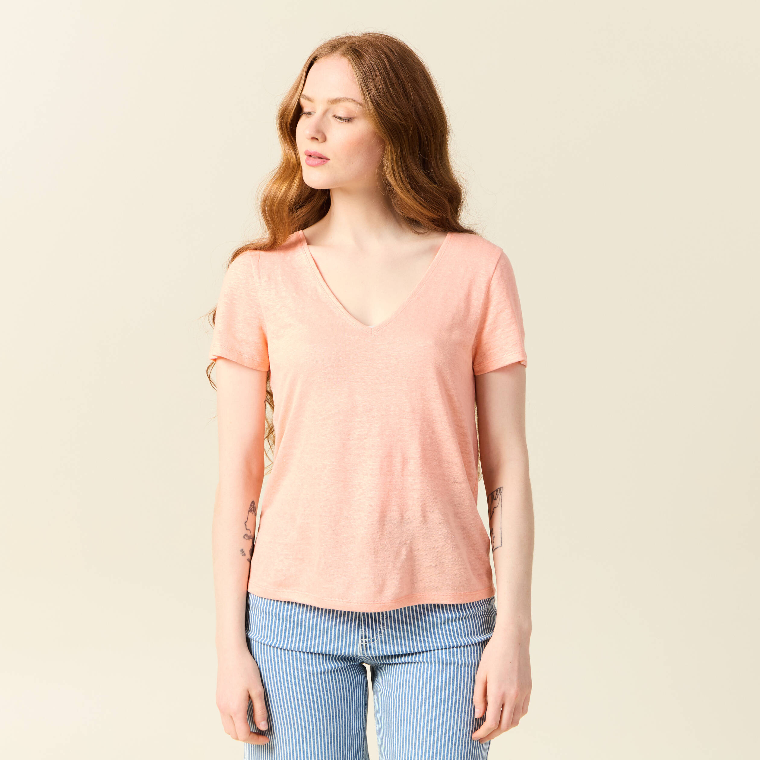 T-shirt Femme Col V Décontracté En Lin - Imprimé Tendance Et Confortable - Haut Léger Été