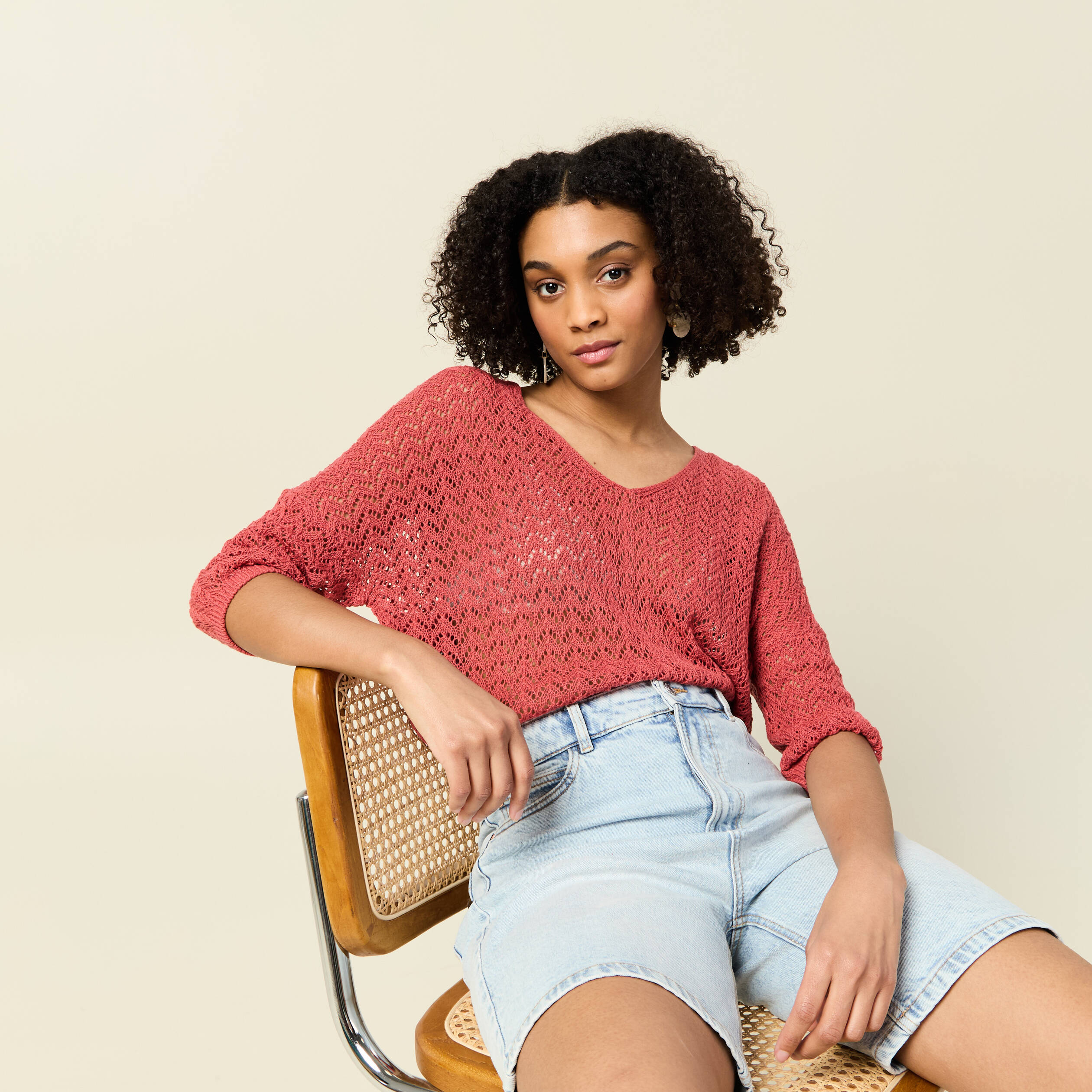 pull manches 34 ajoure vieux rose femme Pull manches 3/4 ajouré vieux rose femme