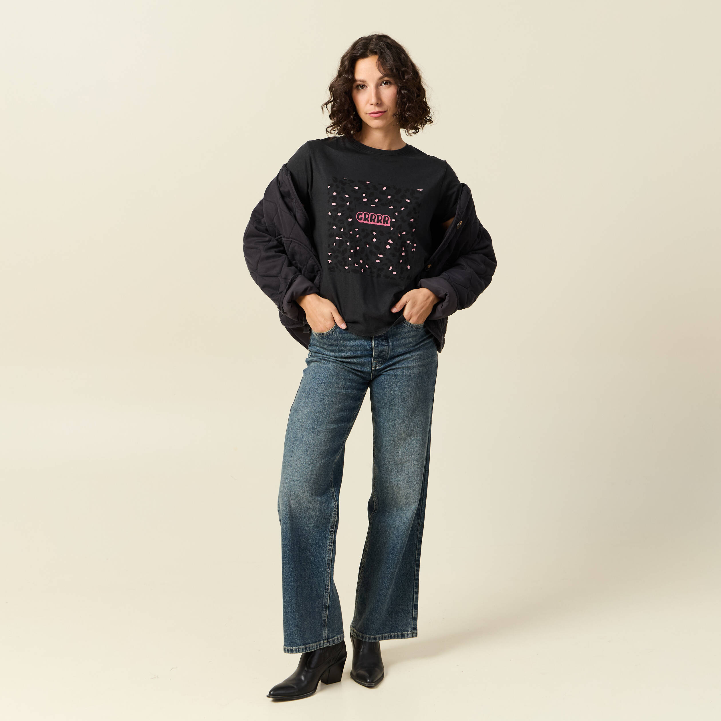 T-shirt en coton manches courtes noir femme