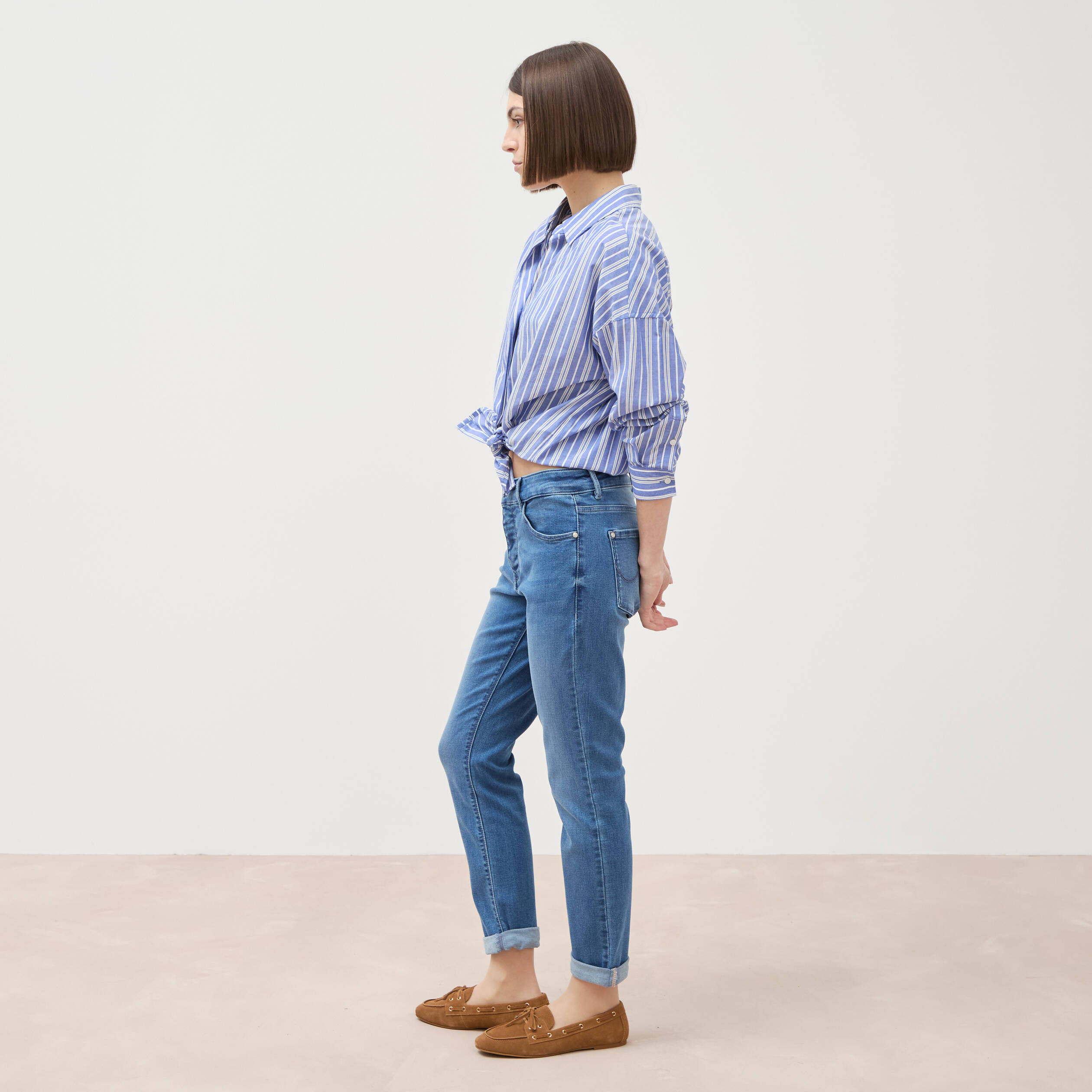 Jeans girlfriend taille haute denim stone femme
