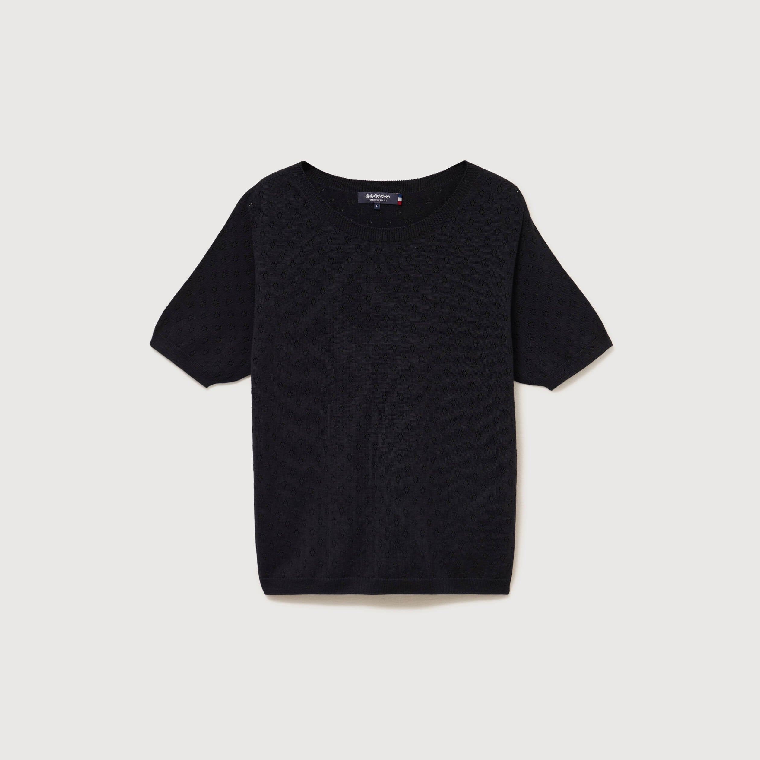 Pull col rond manches courtes noir femme
