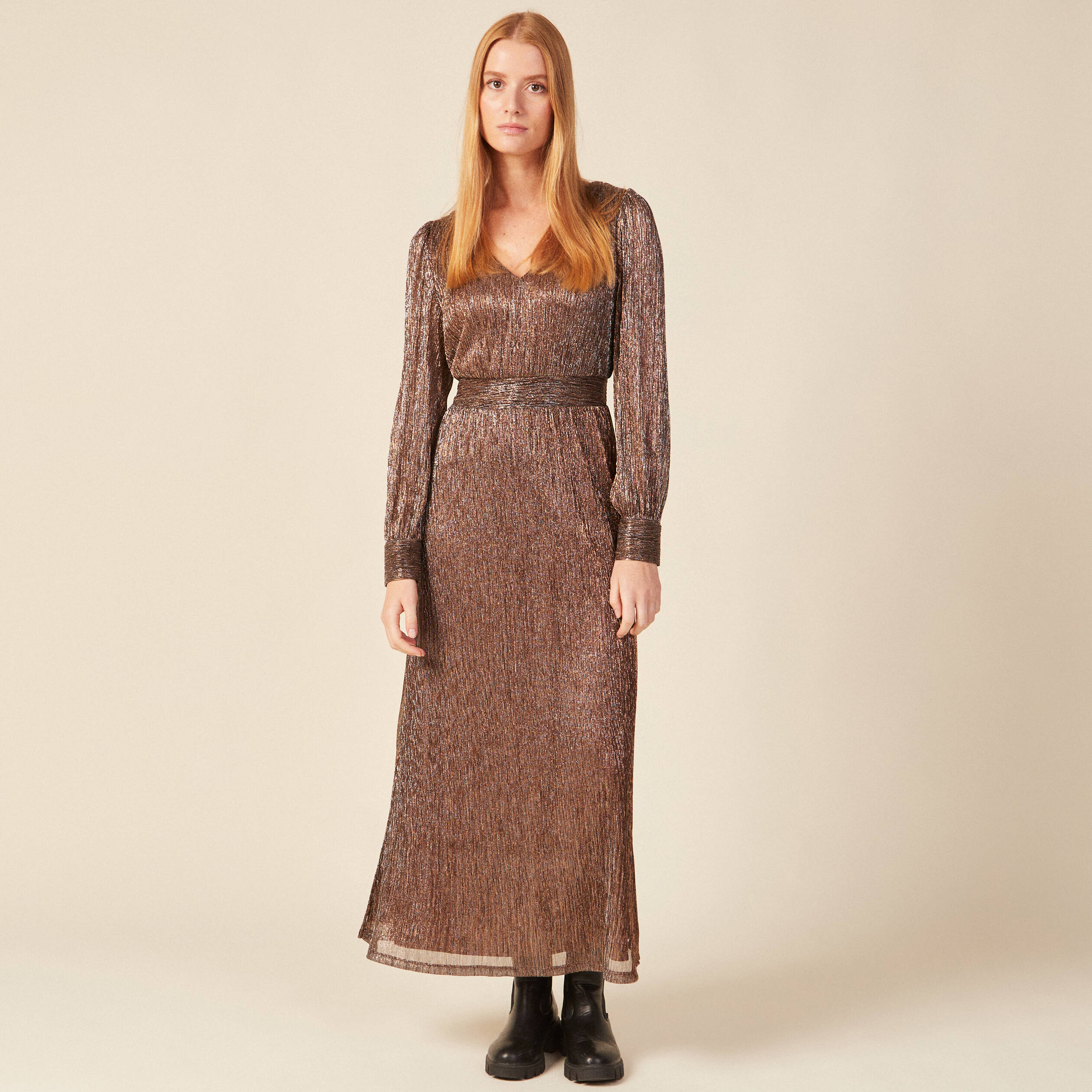robe longue evasee col en v marron cognac femme Robe longue évasée col en V marron cognac femme
