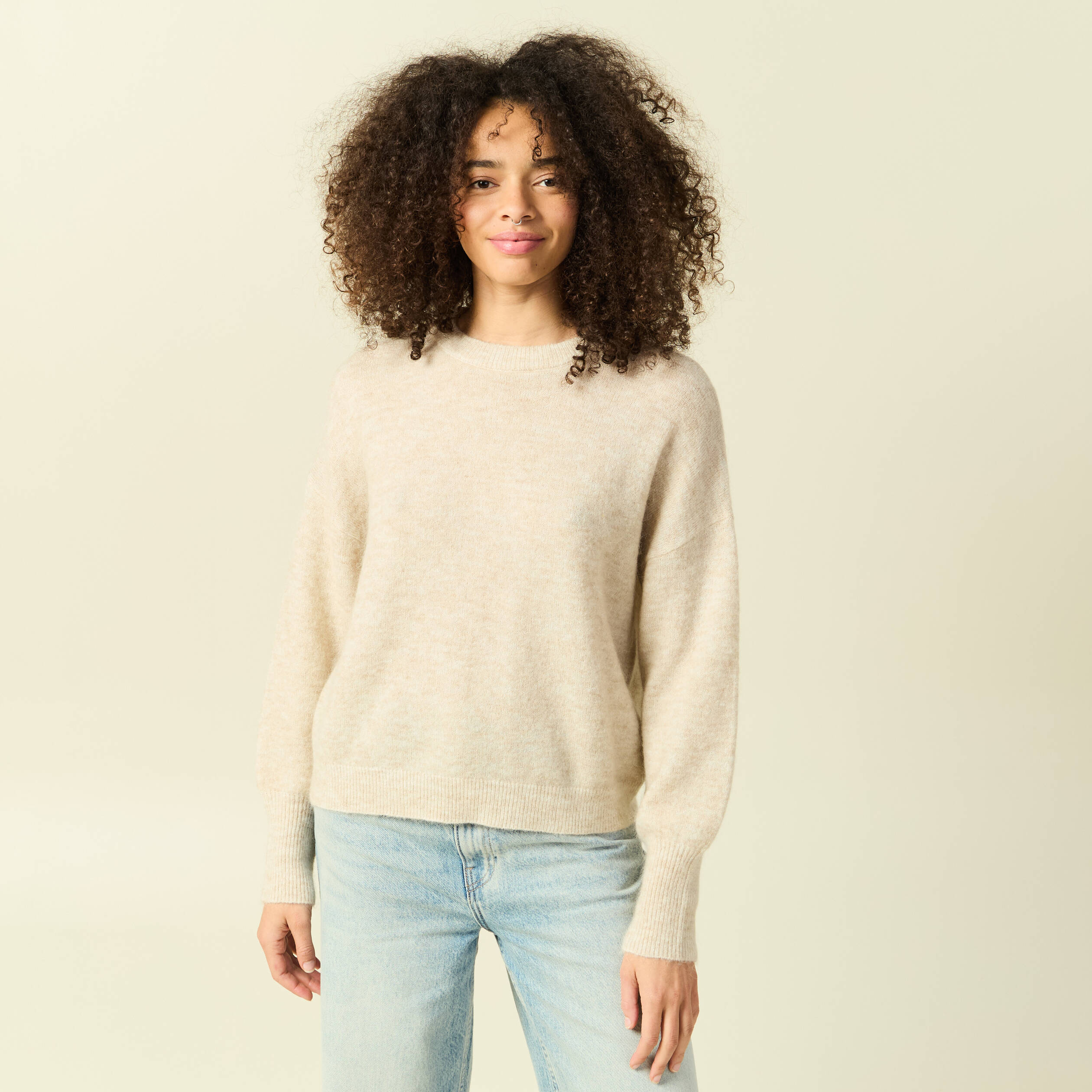 Pull col rond manches longues beige femme