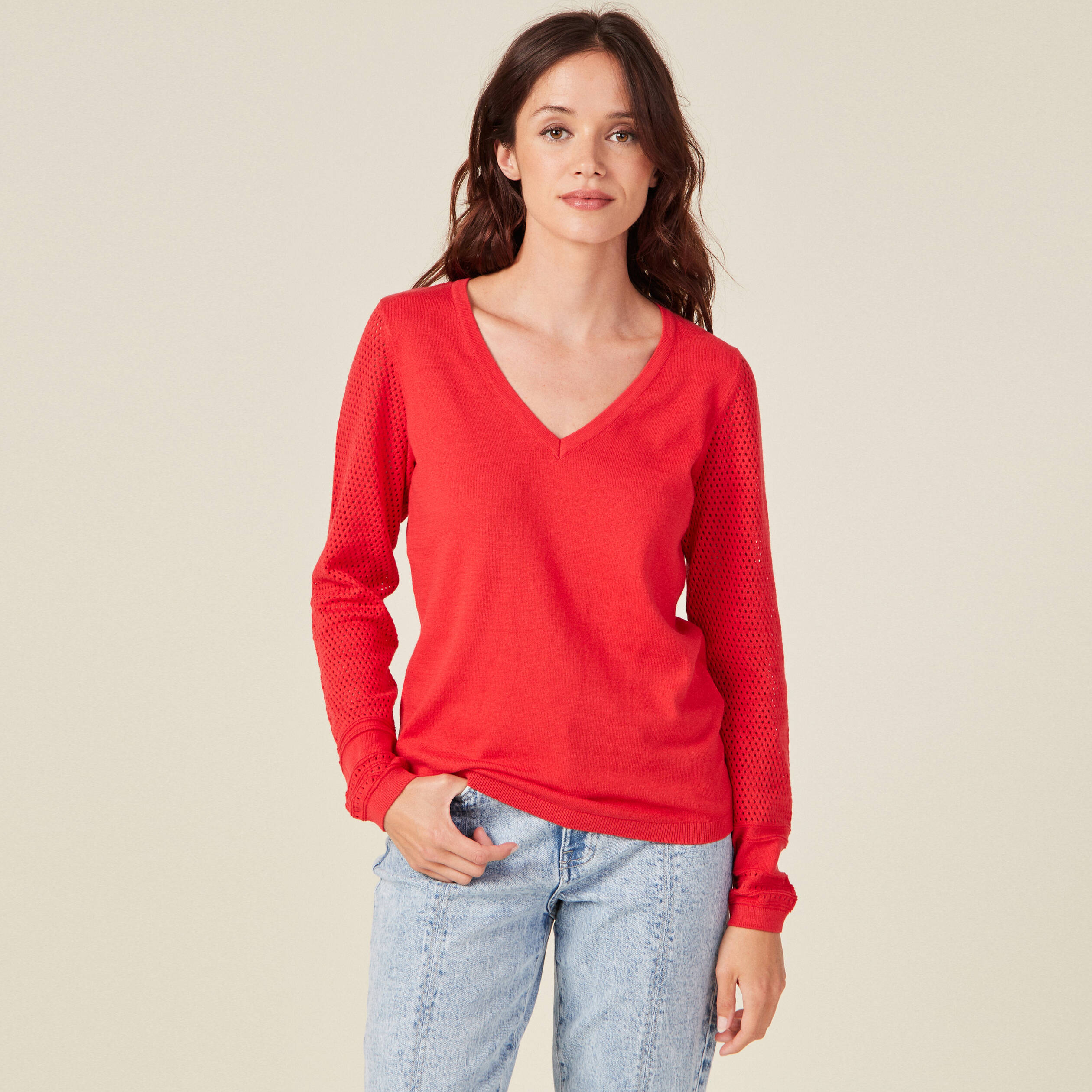 Pull à manches longues rouge foncé femme