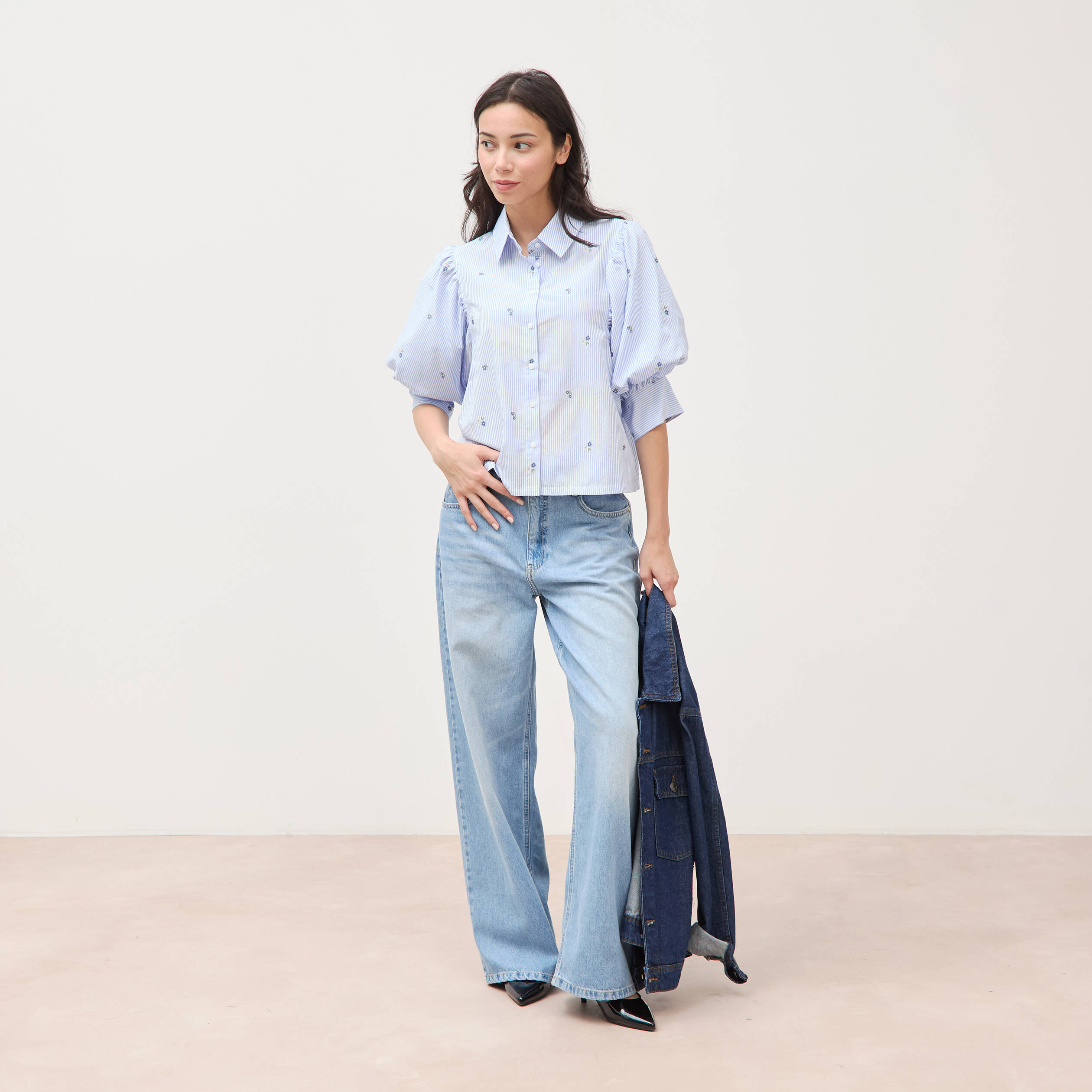 Chemise ample manches coude bleu ciel femme