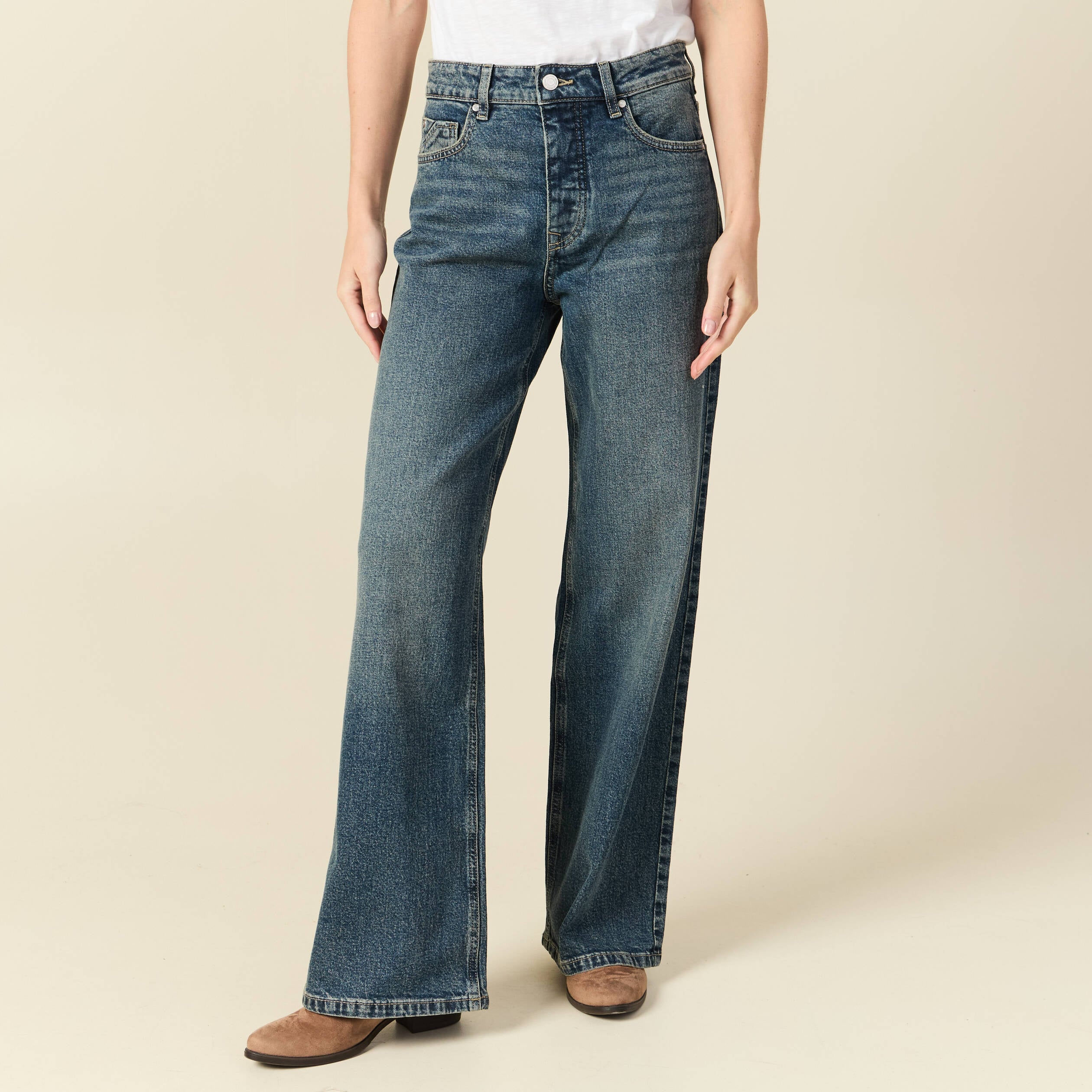 Jeans large taille haute bleu femme